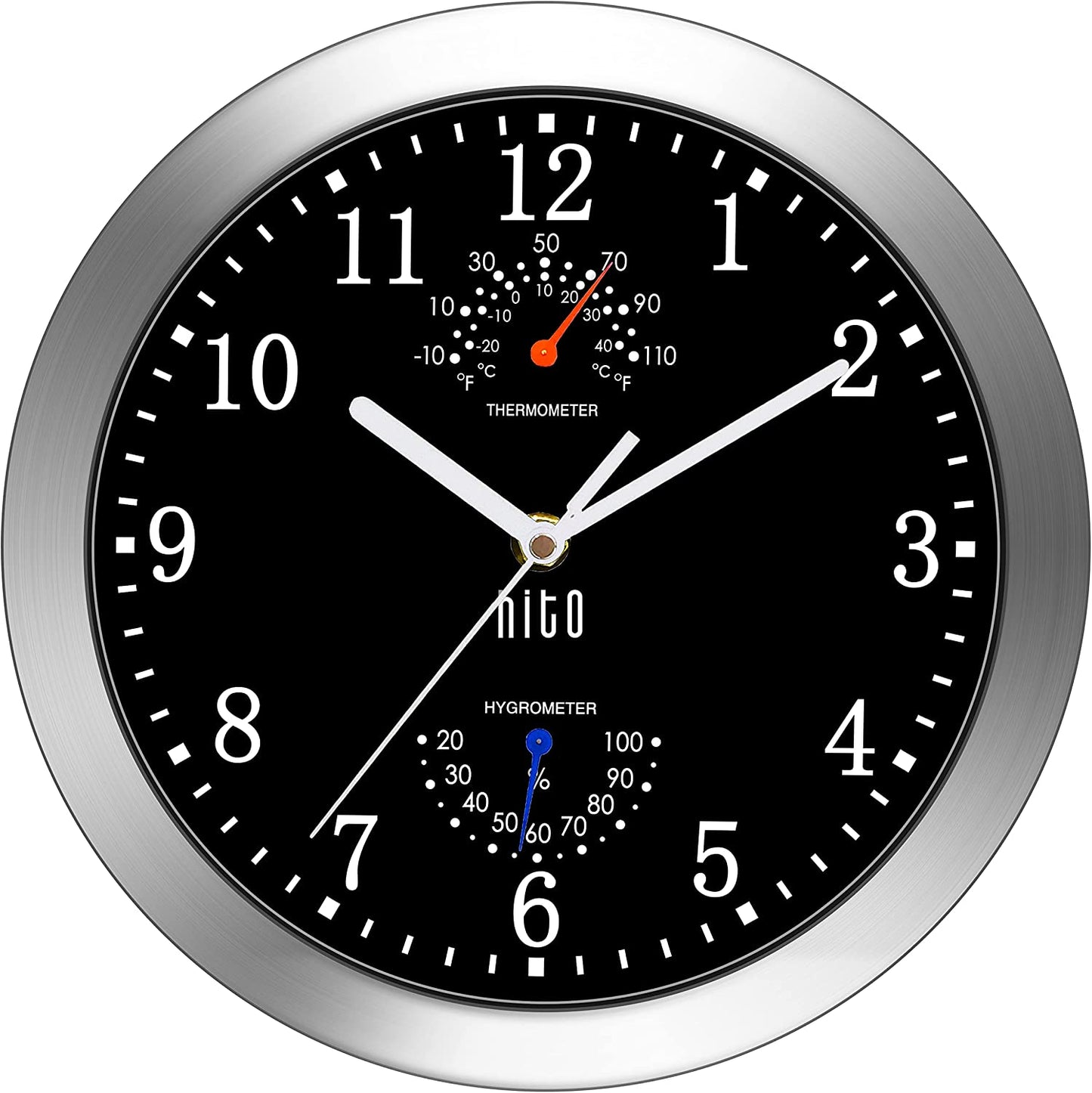10 Inch Silent Wall Clock Battery Operated Non Ticking Glass Cover Silver Aluminum Frame, for Kitchen, Bedroom, Home Office, Living Room Decor (Black)