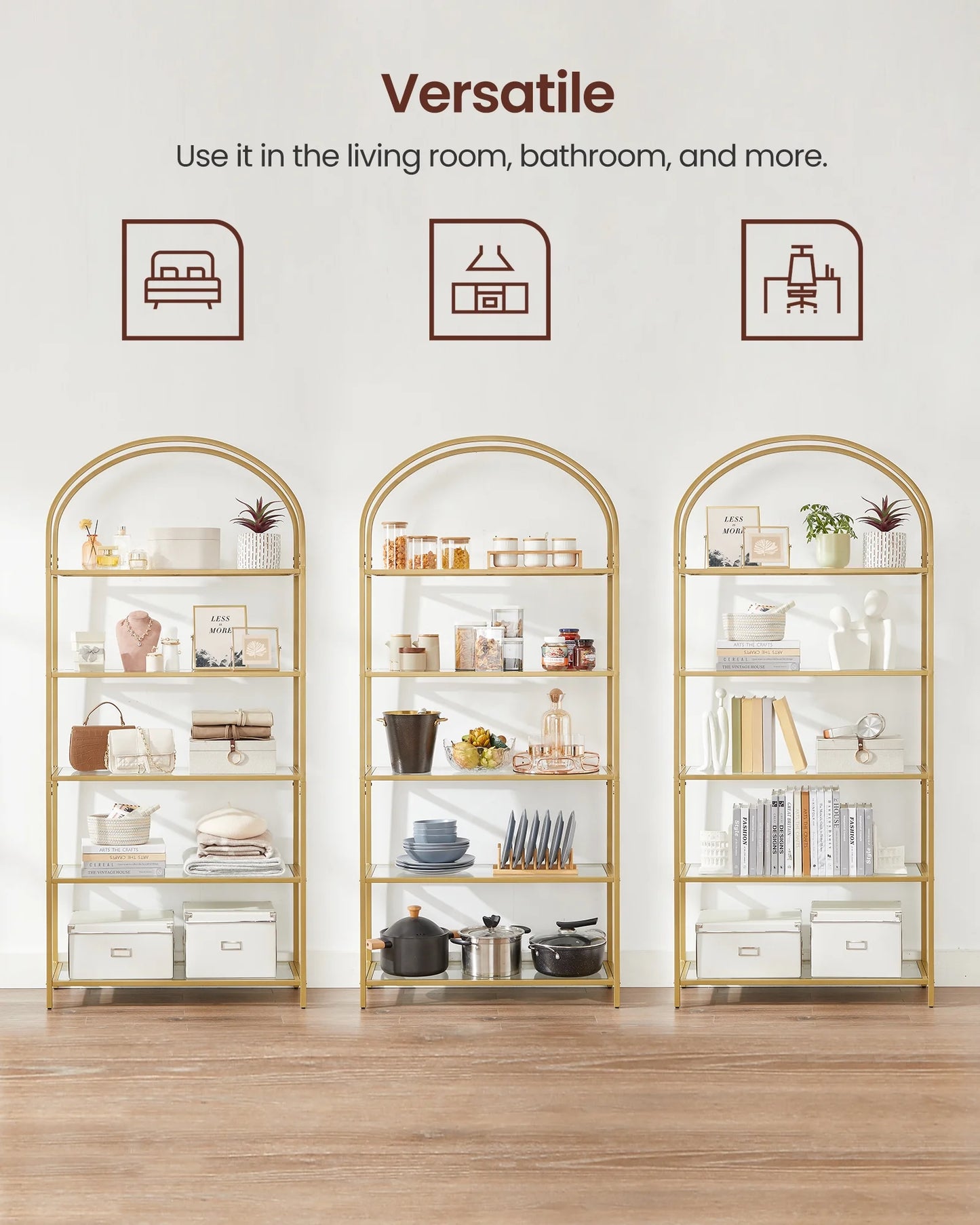 5-Tier Gold Bookshelf Display Storage Shelf Modern Bookcase with Metal Frame for Bedroom Living Room Golden