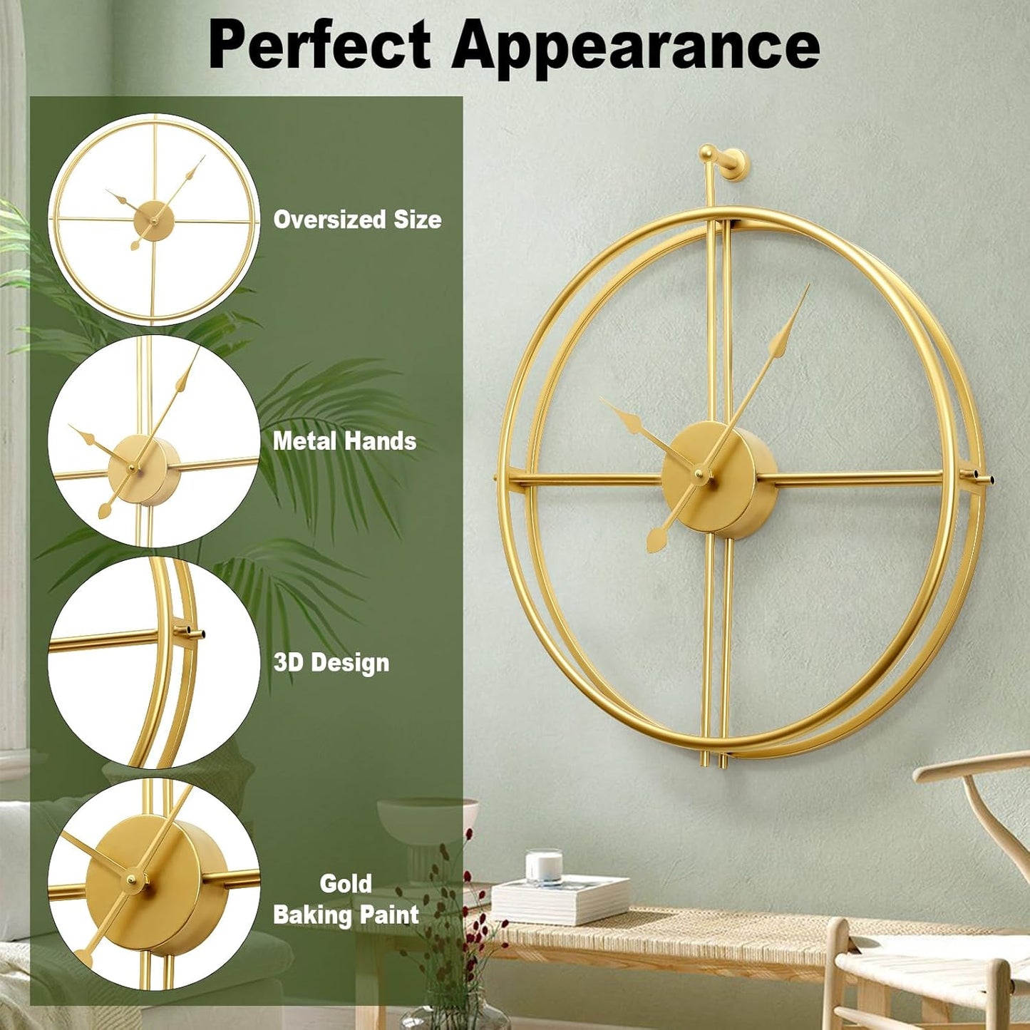 Large Wall Clock 20 Inch Gold Wall Clock Modern Metal Clock Gold Wall Clocks for Living Room Decor Minimalism Clocks Farmhouse Clock, Non Ticking Battery Operated for Bedroom Kitchen Office Home
