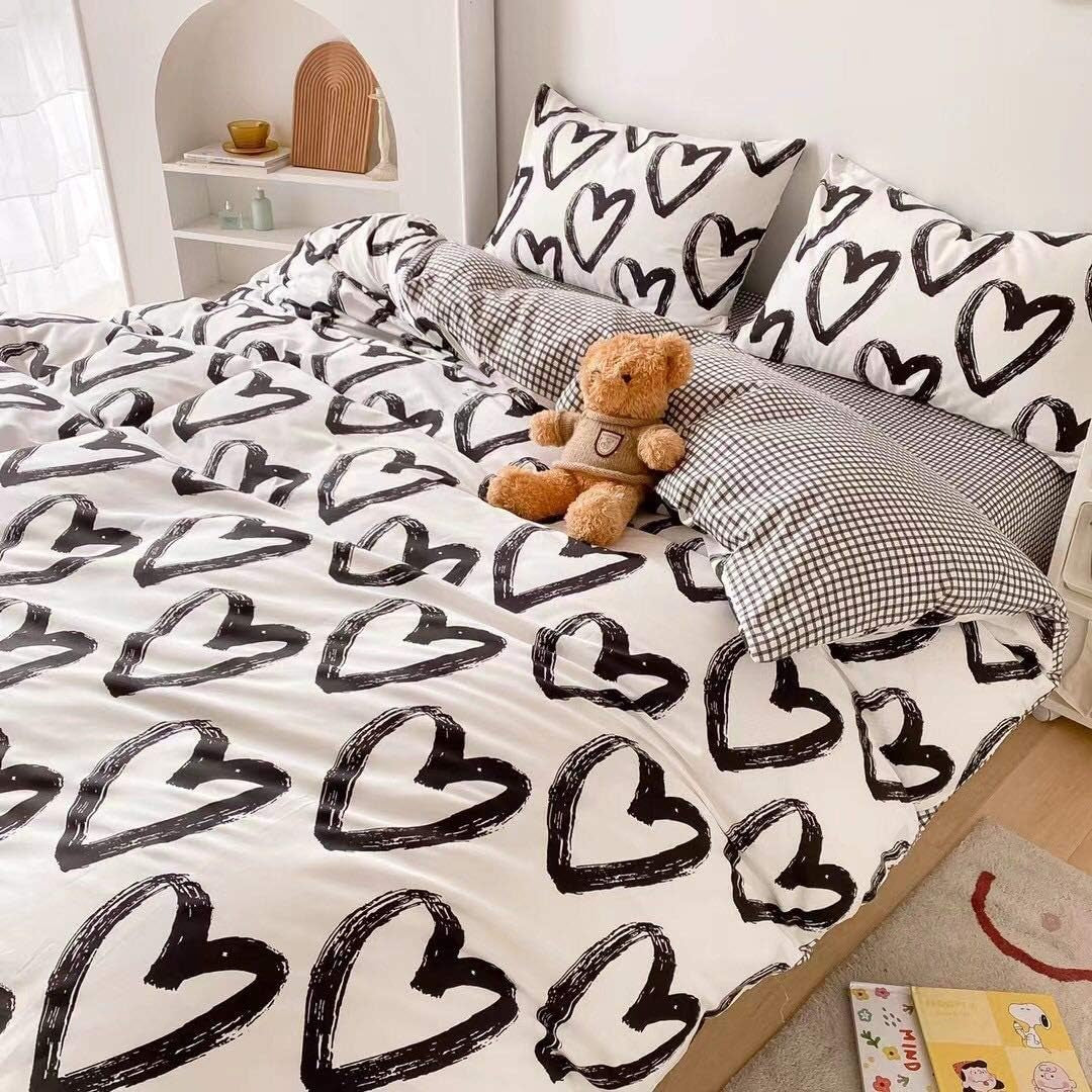 Love Comforter Set King Heart Shaped Bedding Sets White and Black Comforter for Women Men Love Heart Bedding Comforters King Size