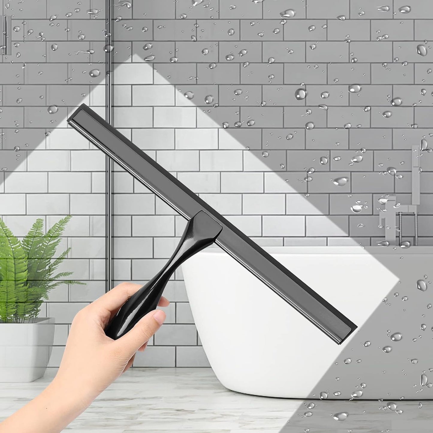 14-Inch Shower Squeegee Set, Includes Shower Door Hook and Adhesive Hook, Squeegee for Shower Doors, Mirror and Window, Black