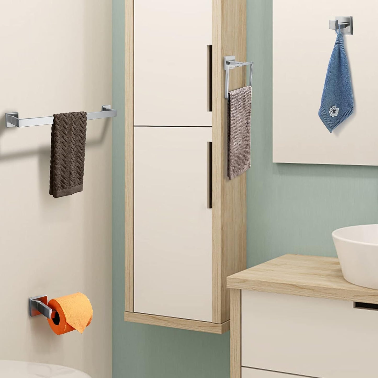 Brushed 4-Piece Bathroom Hardware Set Premium Stainless Steel Bath Towel Bar Sets Wall Mounted Square Bathroom Accessories Kit, 23.6 Inch Brushed Nickel