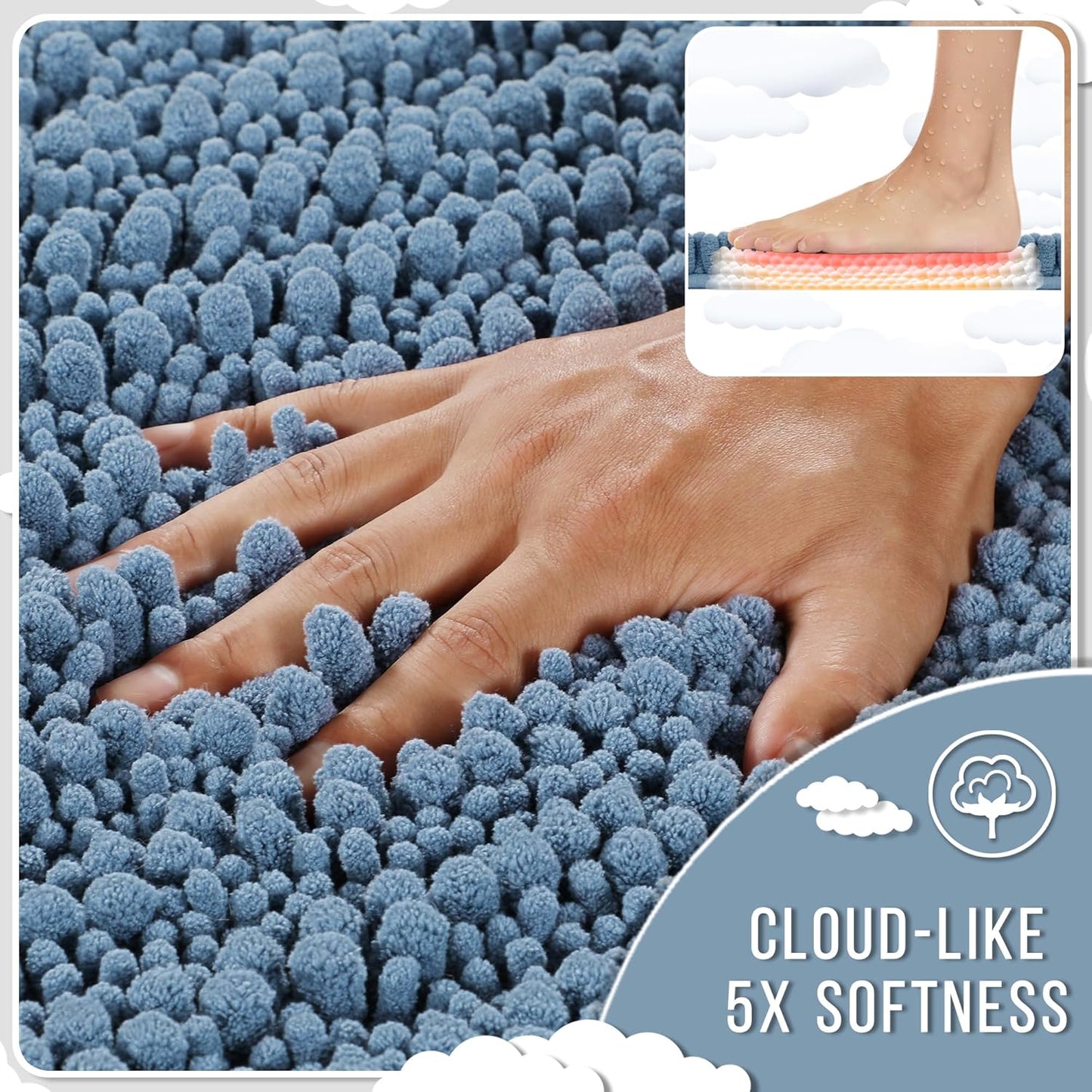 Bathroom Rugs Non Slip Washable 24X17 Inch - Ultra Soft Absorbent Chenille Bath Mat, Quick Dry Shaggy Floor Carpet for Tub Shower, Denim Blue Home Decor Accessories