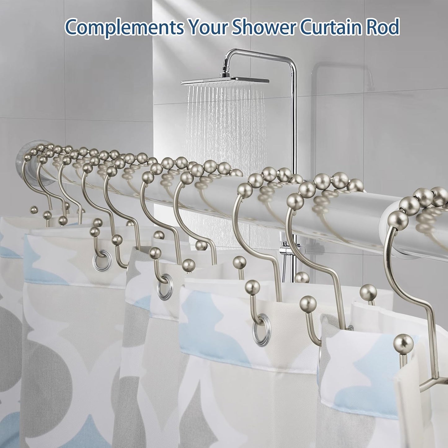 Shower Curtain Hooks, Rust Proof Metal Easy Glide Double Rings, Stainless Steel Hangers for Bathroom Curtains, Set of 12, Brushed Nickel