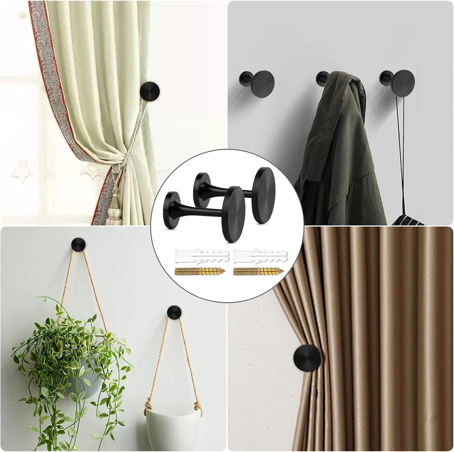 2 Pack Black Curtain Tiebacks,Wall Mounted Zinc Alloy Holdbacks with Screws, Decorative Metal Hooks,Curtain Holders for Drapes and Window Treatments in Home or Office