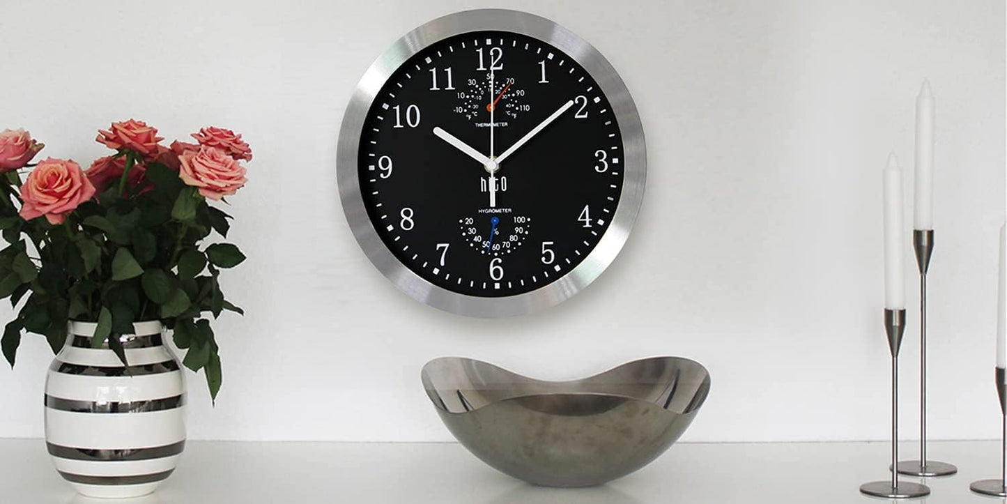 10 Inch Silent Wall Clock Battery Operated Non Ticking Glass Cover Silver Aluminum Frame, for Kitchen, Bedroom, Home Office, Living Room Decor (Black)