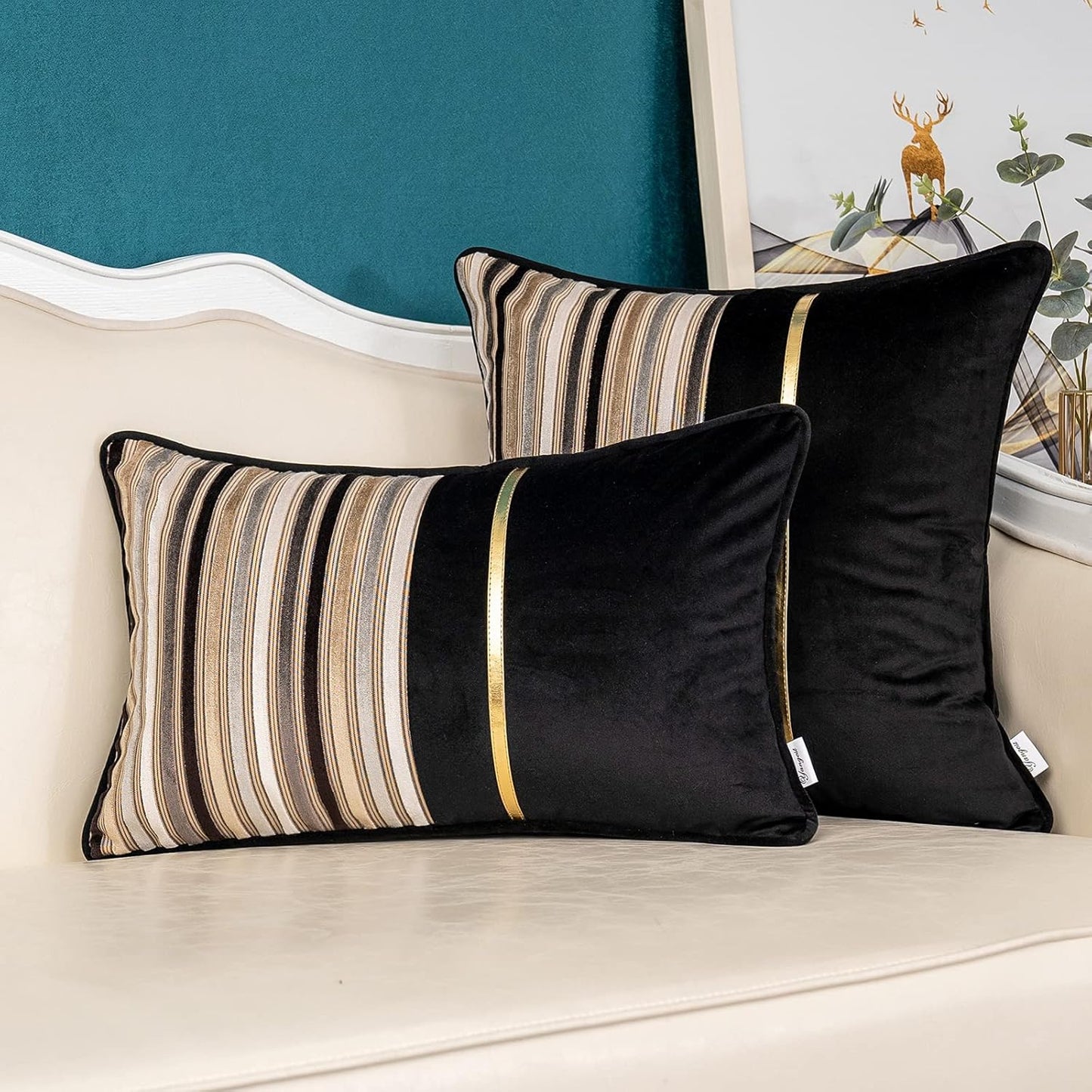 Black Striped Patchwork Throw Pillow Cover Gold Leather Cushion Cover Zippered Pillowcase for Sofa Couch Bedroom Living Room Home Decoration,18X18 Inch