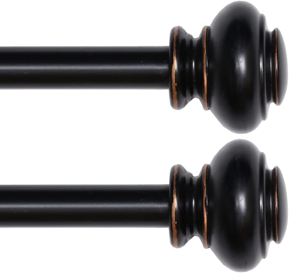 Black Curtain Rods 2 Pack Window Curtain Rods for Windows 48 to 84 Inch 3/4 Inch Adjustable Decorative Single Curtain Rod Set, Black with Antique Bronze Finishing, 2 Pack