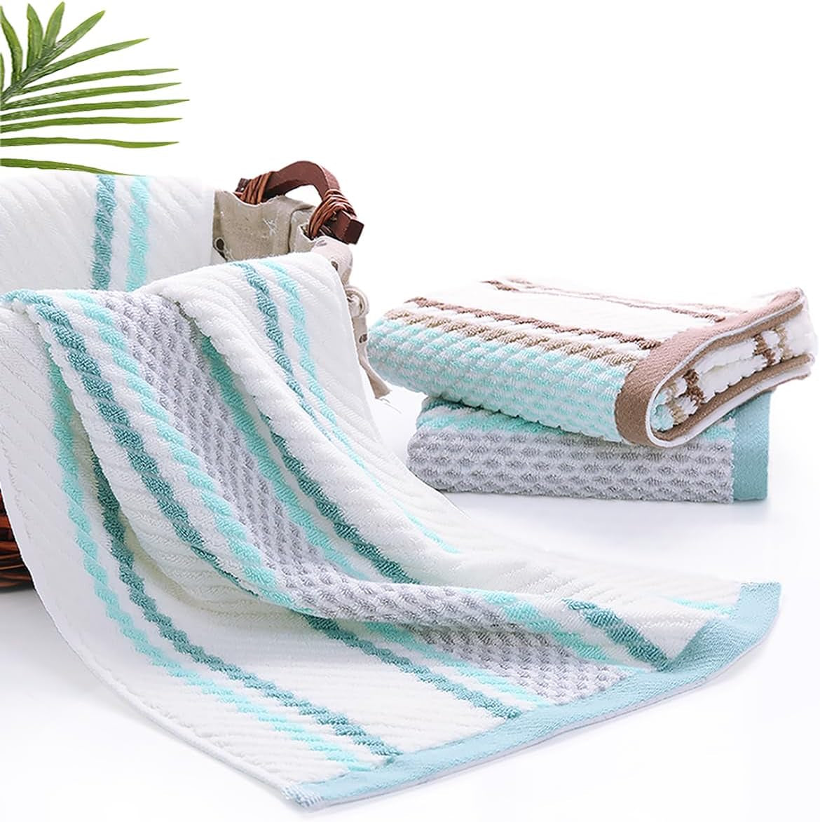 Hand Towels Set of 4 Striped Pattern 100% Cotton Soft Absorbent Decorative Towel for Bathroom (Green)