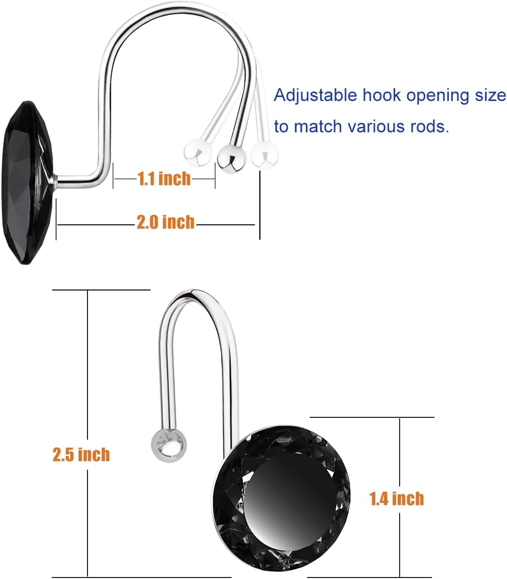 24PCS Shower Curtain Hooks Rings for Bathroom, Stainless Steel Rust Resistant Decorative Rhinestones Shower Curtain Rings Hangers for Shower Curtains, Clothing, Towels, Etc. (Black)