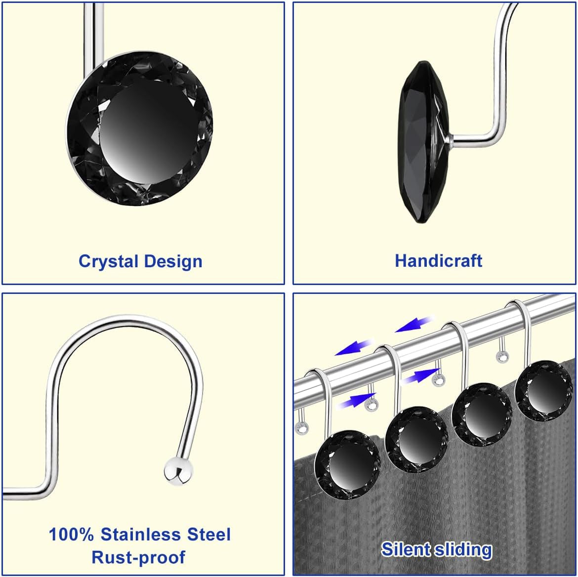 24PCS Shower Curtain Hooks Rings for Bathroom, Stainless Steel Rust Resistant Decorative Rhinestones Shower Curtain Rings Hangers for Shower Curtains, Clothing, Towels, Etc. (Black)