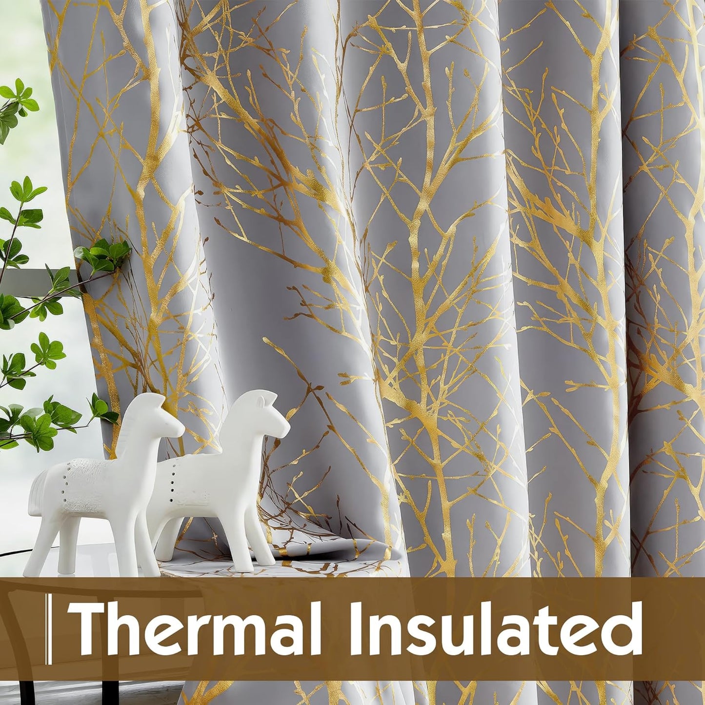 100% Blackout Curtains for Bedroom, Curtains 84 Inches Long Gold on Grey Tree Curtains for Living Room, Gold Foil Room Darkening Thermal Insulated Branch Curtain, 2 Panels Grommet Top