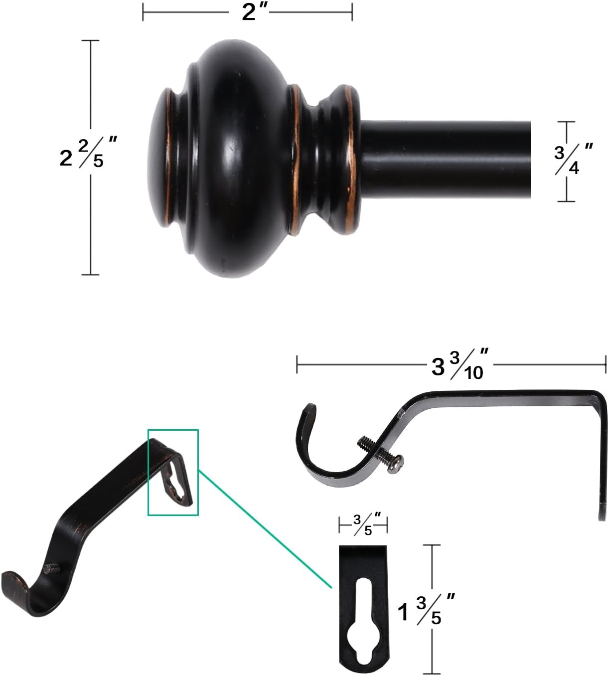 Black Curtain Rods 2 Pack Window Curtain Rods for Windows 48 to 84 Inch 3/4 Inch Adjustable Decorative Single Curtain Rod Set, Black with Antique Bronze Finishing, 2 Pack
