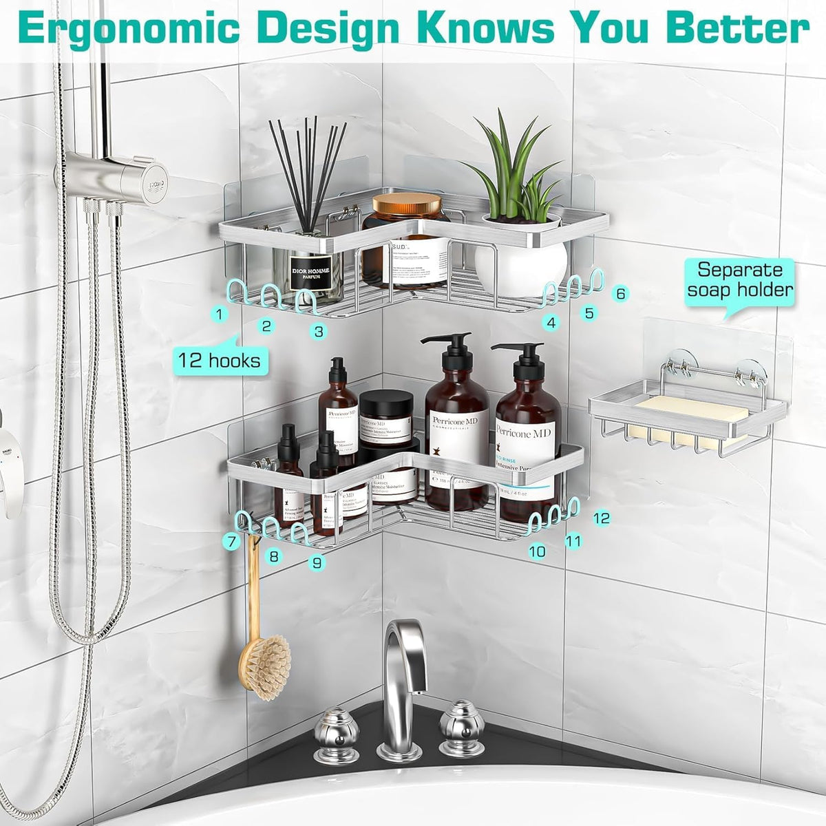 Corner Adhesive Shower Caddy, with Soap Holder and 12 Hooks, Rustproof Stainless Steel Bathroom Organizer, No Drilling Wall Mounted Rack, Brushed Silver, 3-Pack
