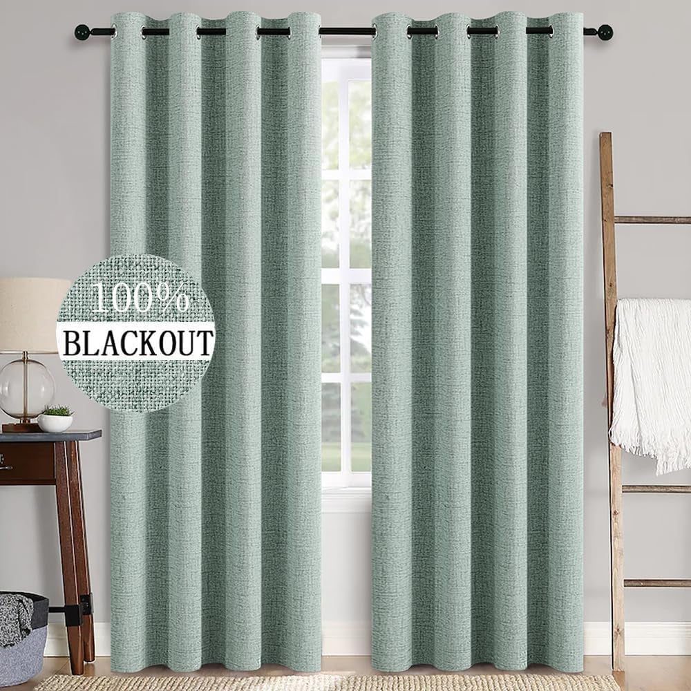 Linen Texture 90 Inches Curtains for Bedroom 100% Blackout Thermal Insulated Seafoam Green Curtains Grommet Room Darkening Drapes for Living Room Nursery 52X90 Inch (2 Panels)