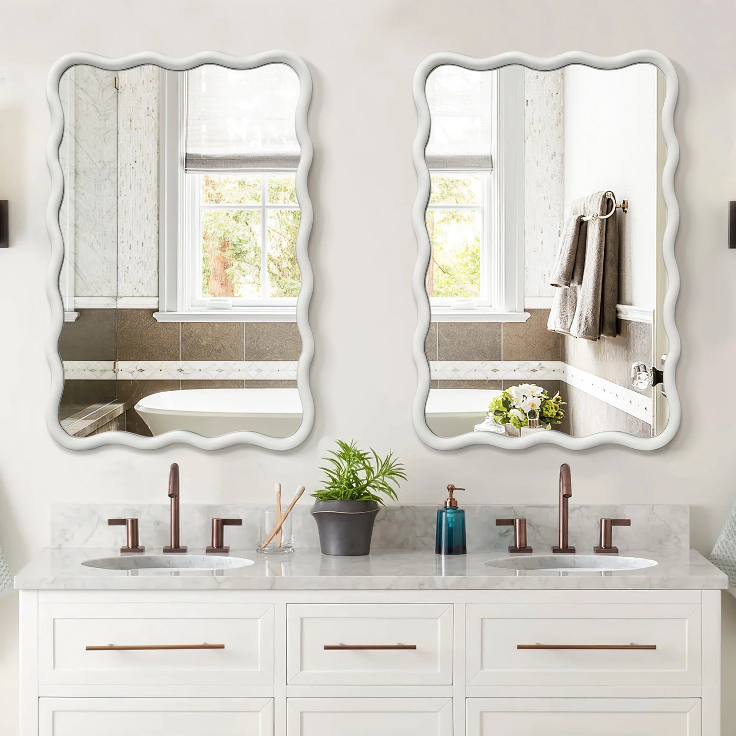 Wavy Mirrors Wall Mirror, 30"X20" Bathroom Mirror Wood Framed, White