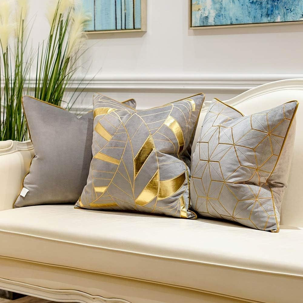 20 X 20 Inches Grey Gold Plaid Cushion Case Luxury European Throw Pillow Cover Decorative Pillow for Couch Living Room Bedroom Car