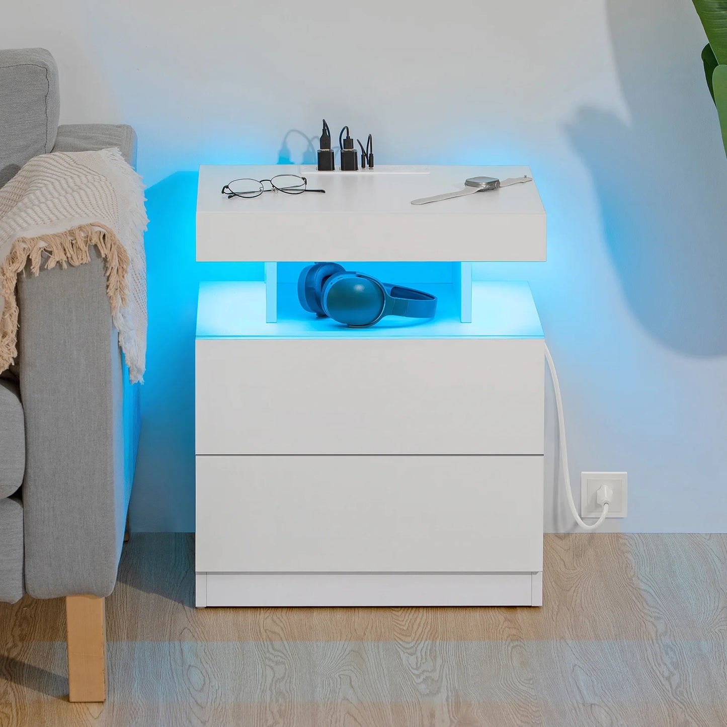 LED Nightstand with Wireless Charging Station Modern Nightstand Type C USB Port 2 Drawers Bedside Table White Smart Night Table High Gloss End Side Table for Bedroom Furniture 22.3" Tall