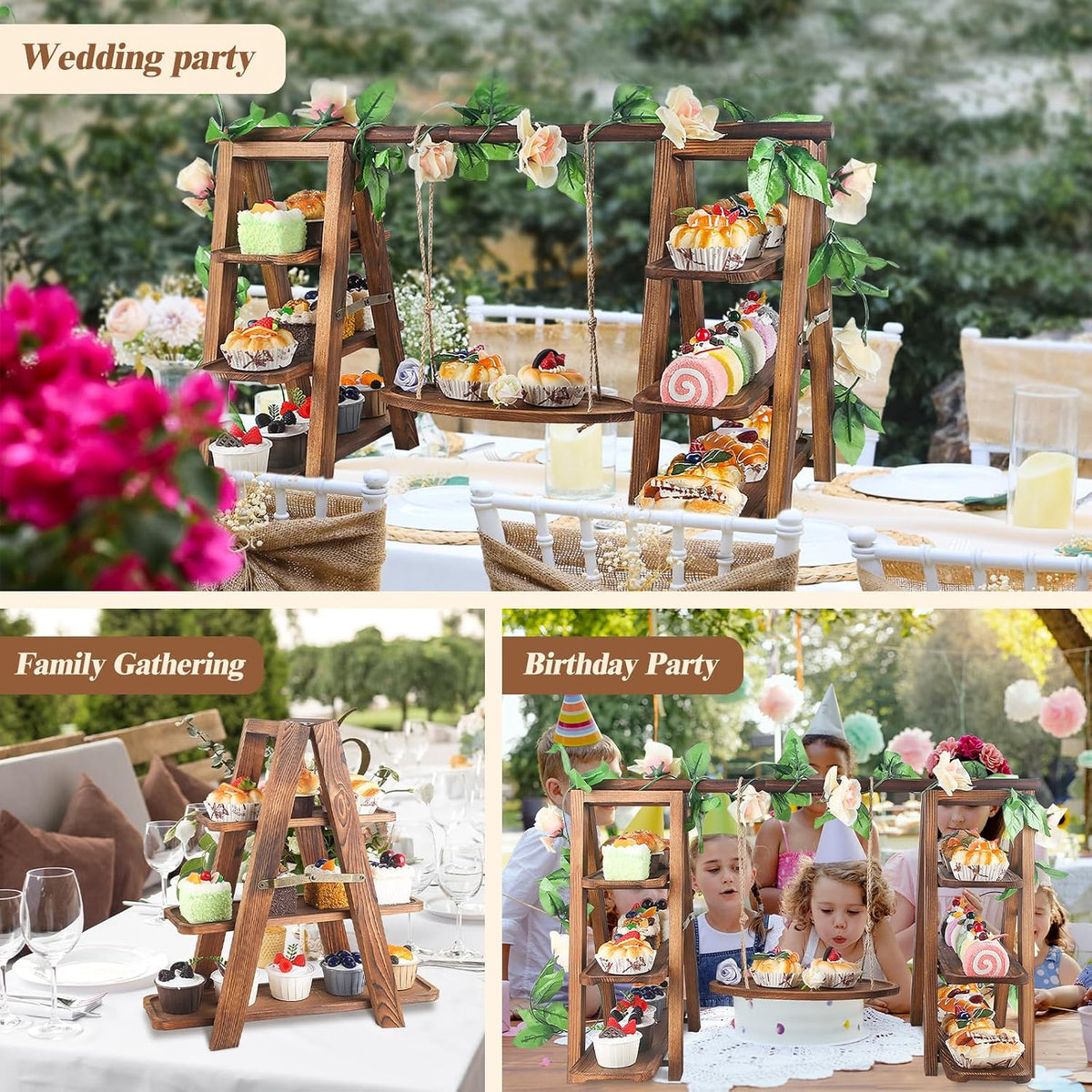 Wooden 3 Tier Cupcake Stand with Swing and Flower Decoration Serving Removable Tray Display Serving Ladder Foldable Stand with Serving Platter Tray Party Food Display Set for Cake Snack Fruit Chips Bread Centerpieces Catering