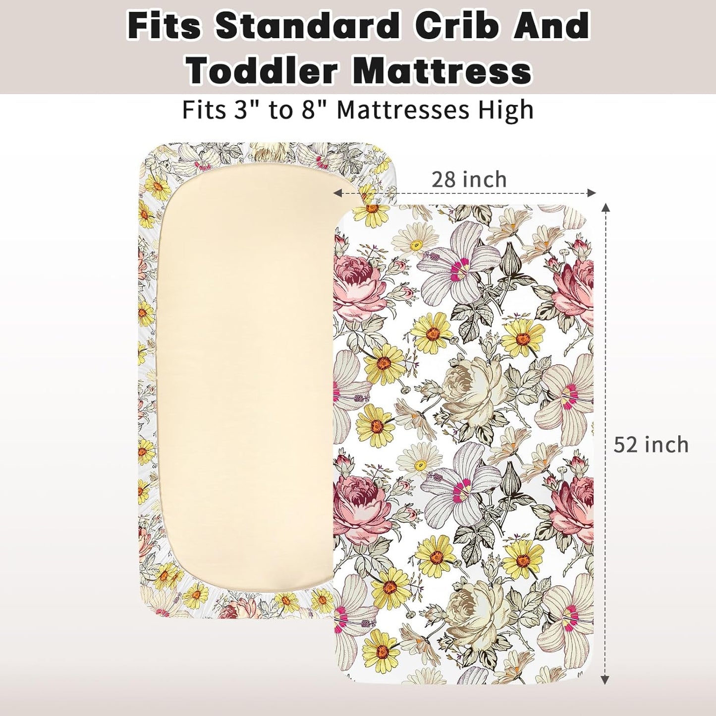 Crib Sheets for Girl Boy, Crib Sheet Fitted Fits for Standard Crib & Toddler Mattresses, Ultra Soft Breathable Baby Crib Sheets Neutral 52'' X 28'' Inch Boho Crib Sheet, Daisy Floral