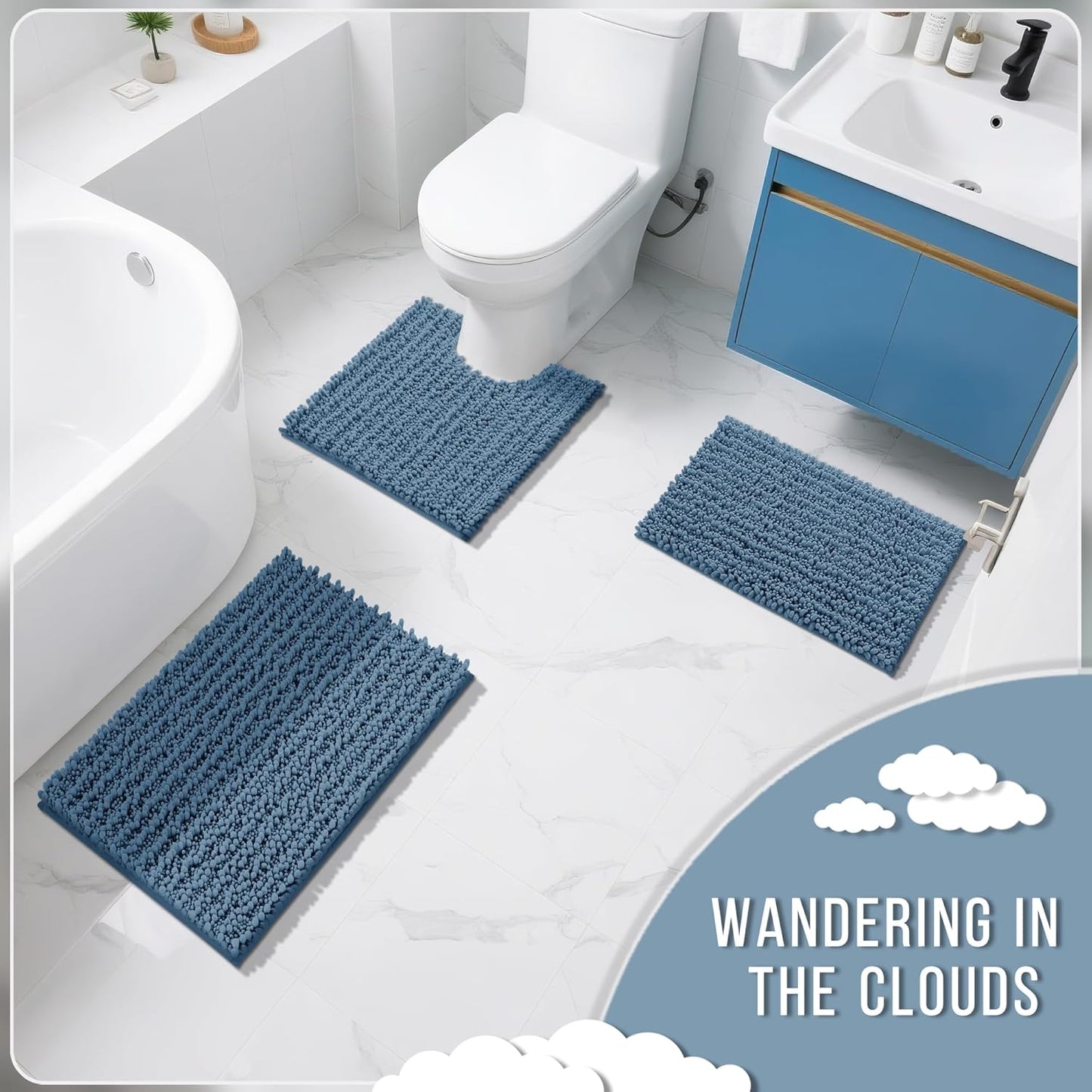 Bathroom Rugs Non Slip Washable 24X17 Inch - Ultra Soft Absorbent Chenille Bath Mat, Quick Dry Shaggy Floor Carpet for Tub Shower, Denim Blue Home Decor Accessories