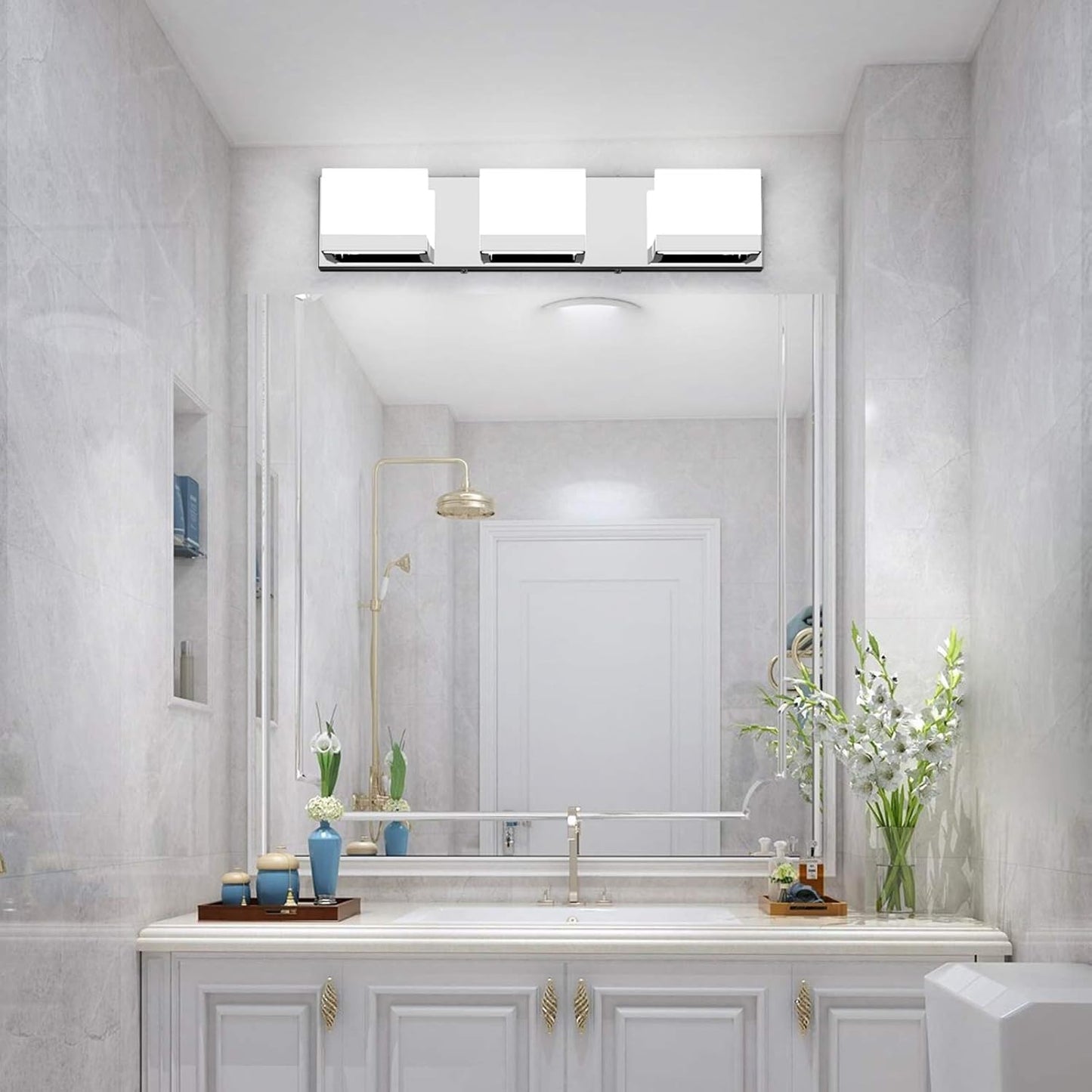 Modern 3 Lights LED Vanity Light for Bathroom up and down Chrome Bathroom Wall Light Fixtures over Mirror(White Light 6000K)