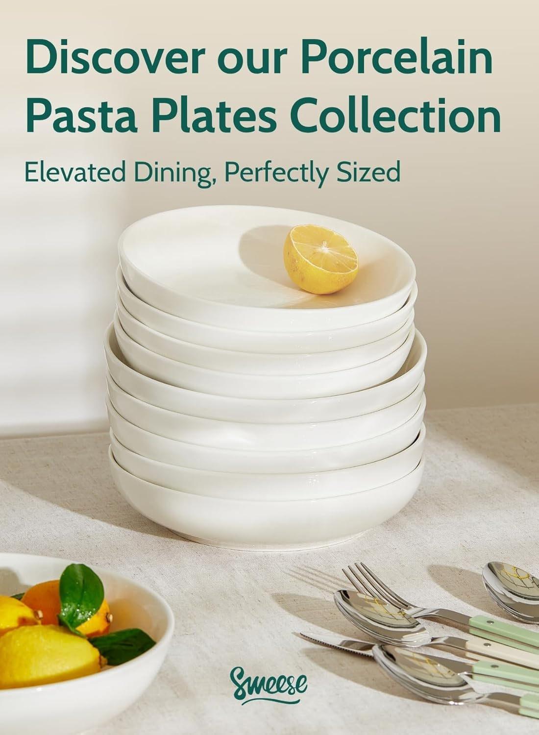 Large Salad Serving Bowls, 30 Ounce Porcelain White Pasta Plates Set of 6, 8.4 Inch Pasta Bowls for Dinner, Salad - Microwave Dishwasher