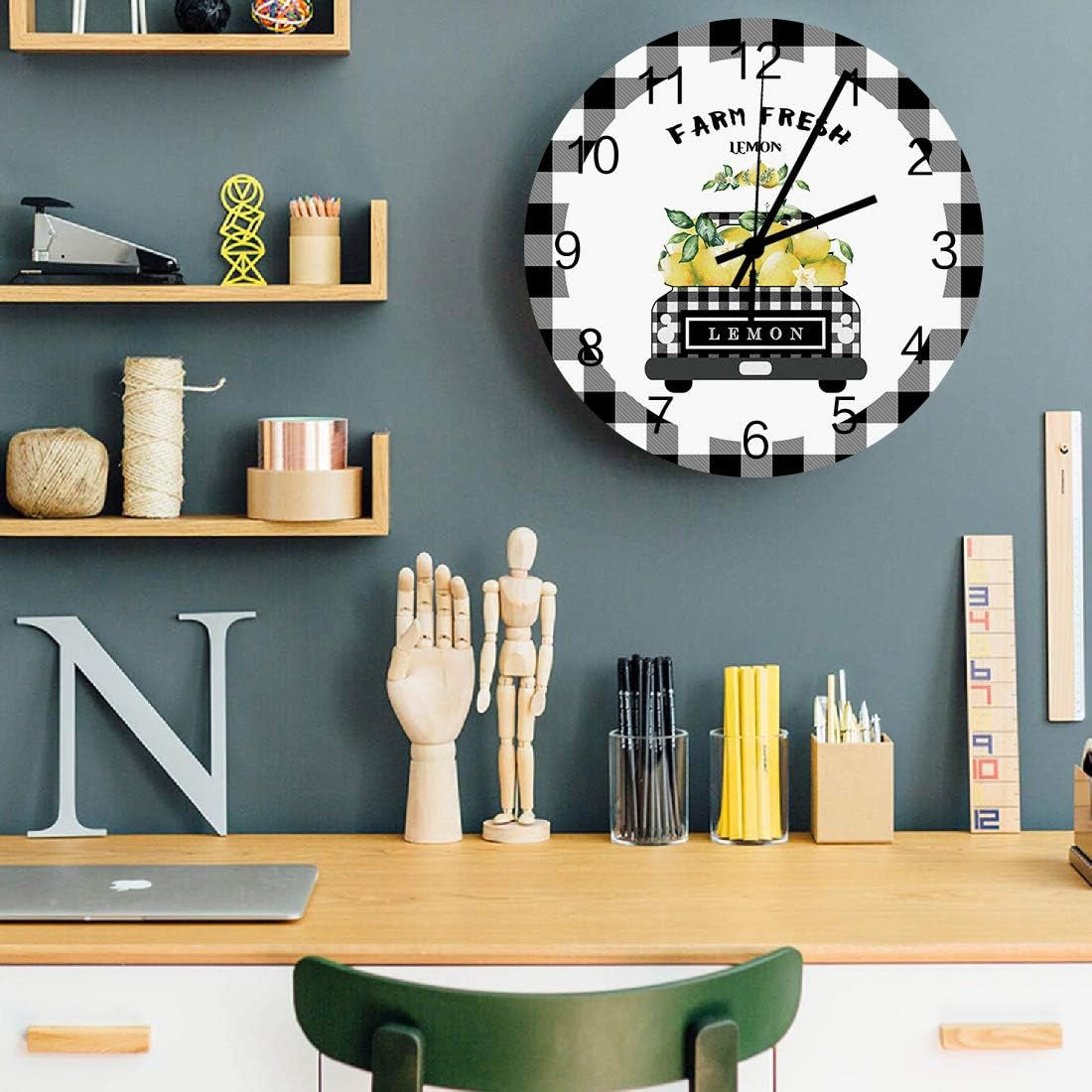 Wooden round Wall Clock 12'' Silent Battery Operated Non Ticking Clock, Black Grey Buffalo Plaid Farm Truck Carry Lemons Noiseless Office Kitchen Bedroom Wall Clock Home Decor