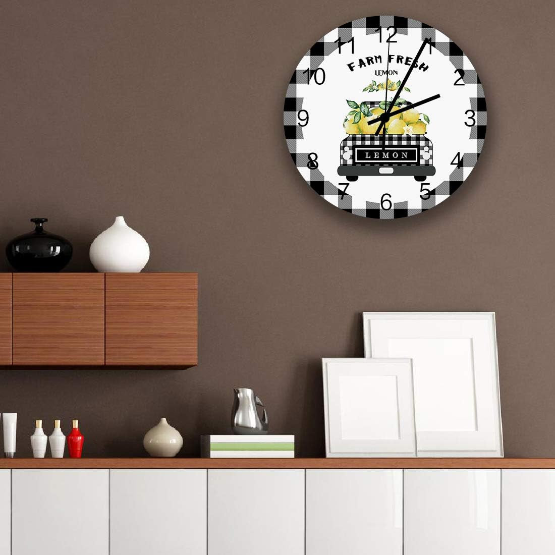 Wooden round Wall Clock 12'' Silent Battery Operated Non Ticking Clock, Black Grey Buffalo Plaid Farm Truck Carry Lemons Noiseless Office Kitchen Bedroom Wall Clock Home Decor