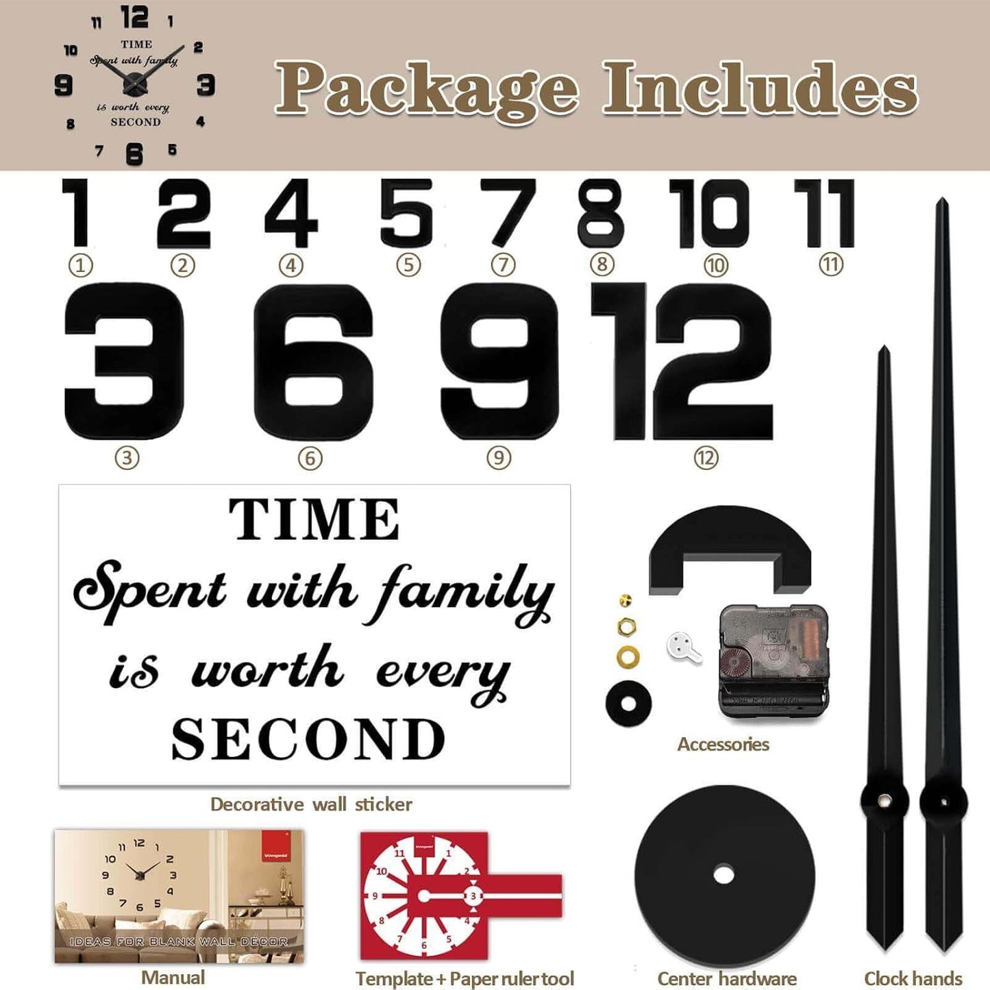 Wall Clock Big Wall Clocks for Living Room Decor, Decorative Wall Clocks Battery Operated (Black Wall Decor)