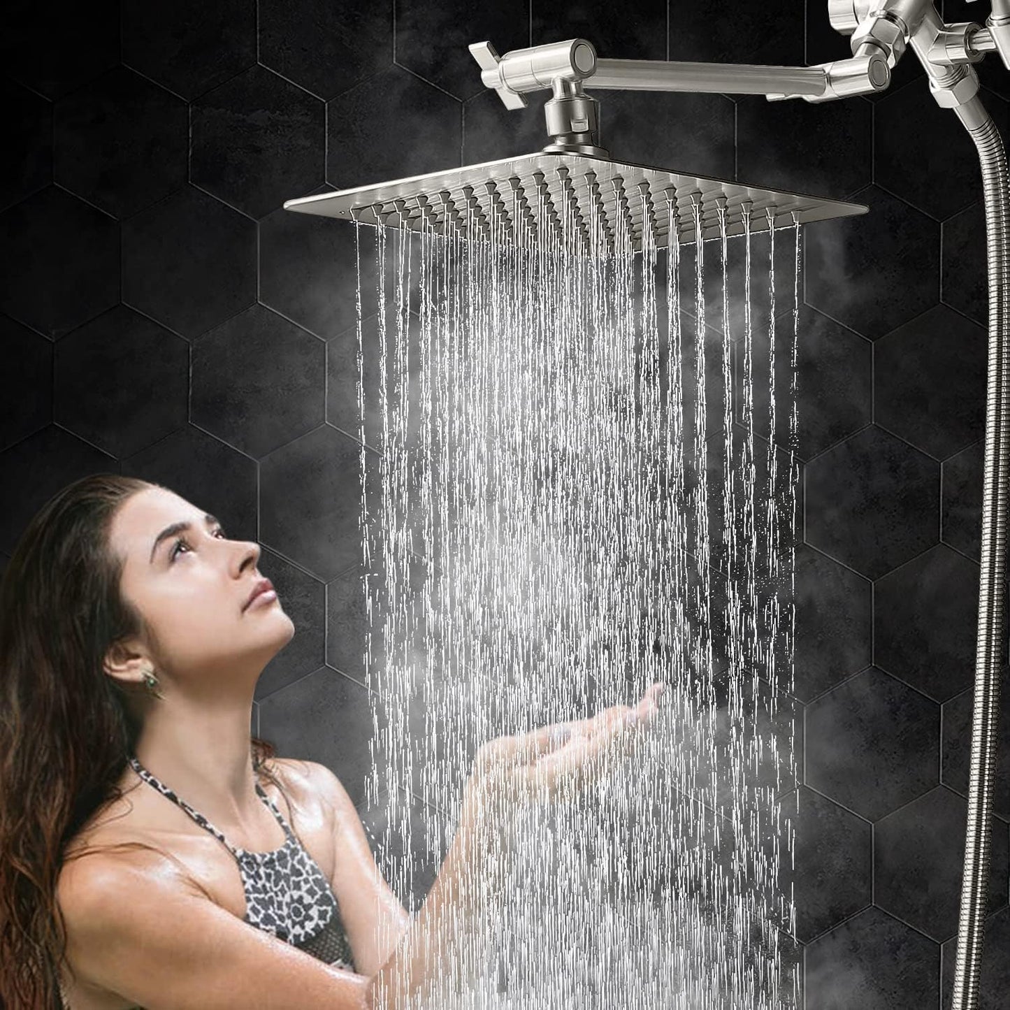 All Metal 8 Inch Dual Square Shower Head with Handheld Spray Combo, Rain Shower Head, Adjustable Extension Arm, 3-Way Diverter, 71 Inch Extra Long Hose - a Bathroom Upgrade (Brushed Nickel)
