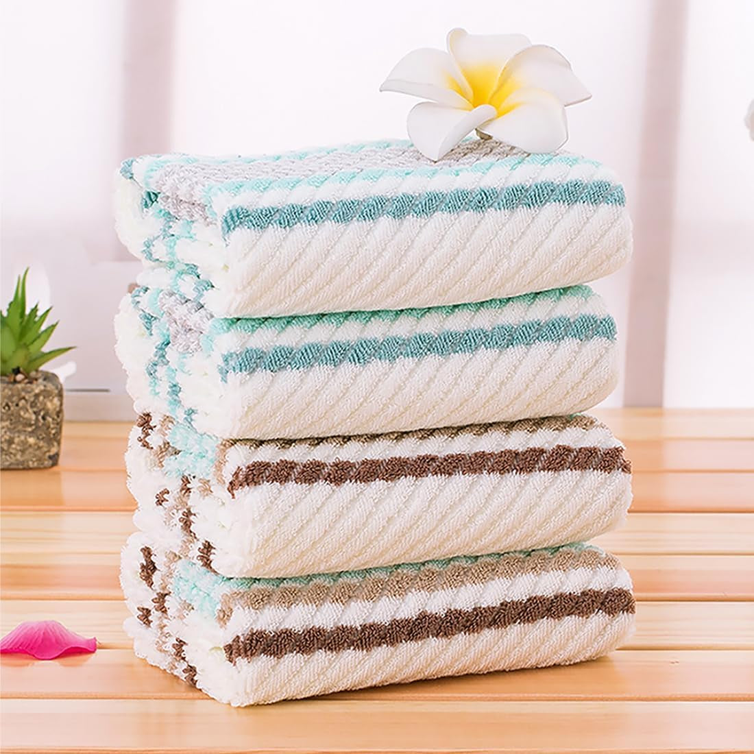 Hand Towels Set of 4 Striped Pattern 100% Cotton Soft Absorbent Decorative Towel for Bathroom (Green)