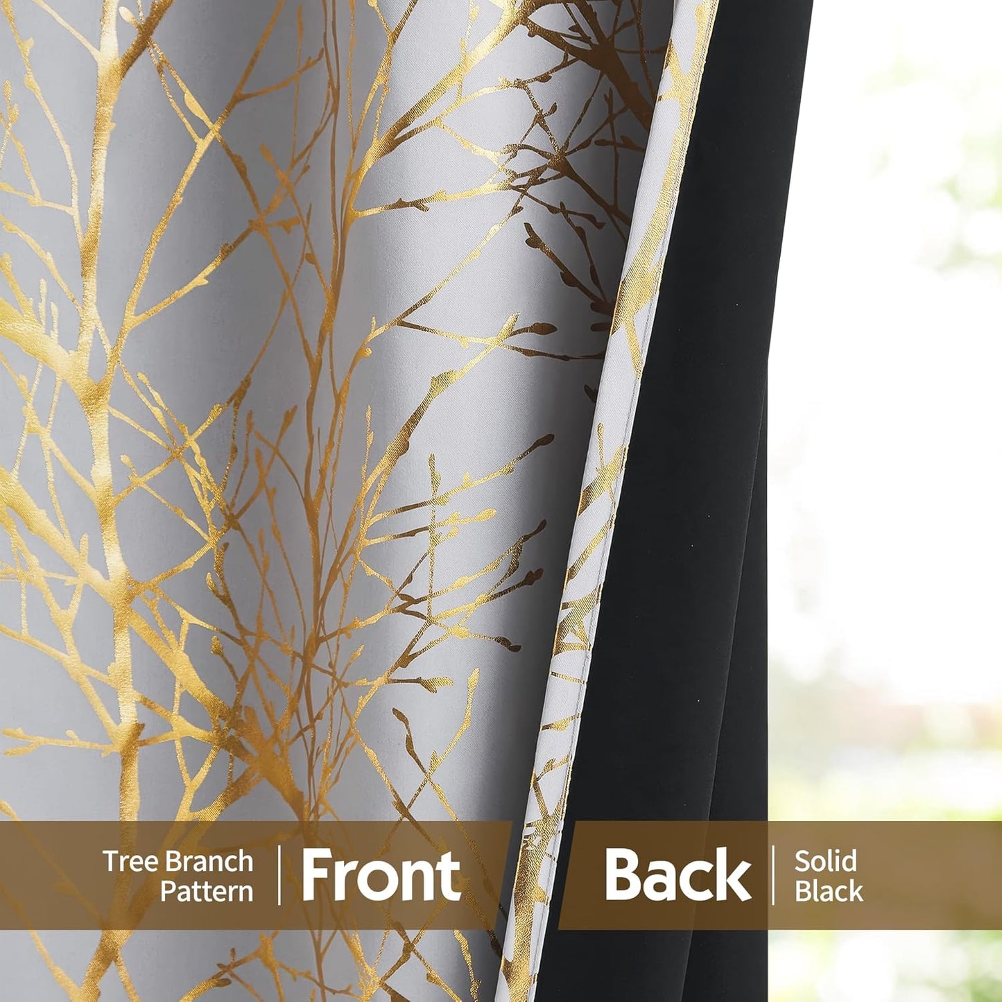 100% Blackout Curtains for Bedroom, Curtains 84 Inches Long Gold on Grey Tree Curtains for Living Room, Gold Foil Room Darkening Thermal Insulated Branch Curtain, 2 Panels Grommet Top
