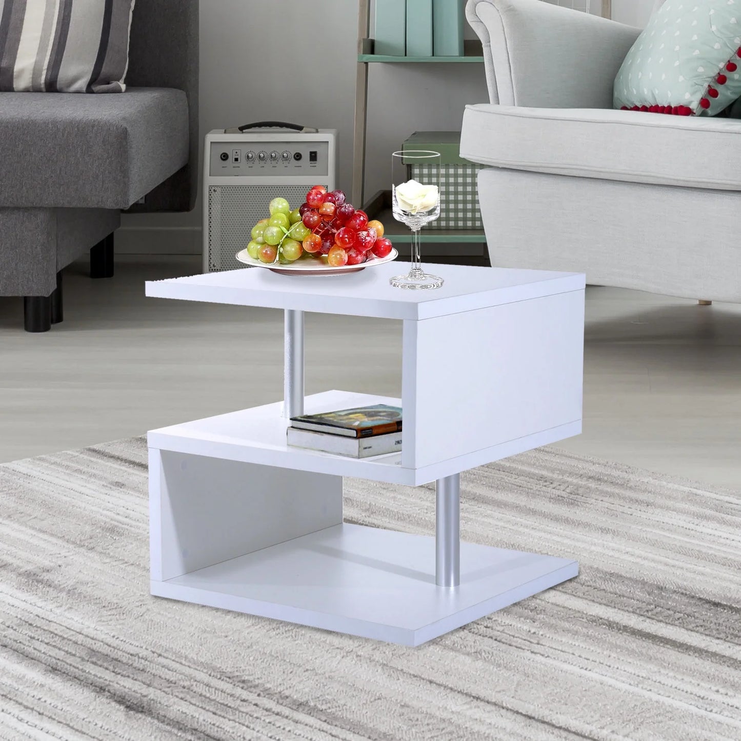 20" Modern Designer S-Shaped Multi Level Accent End Table Shelf - White