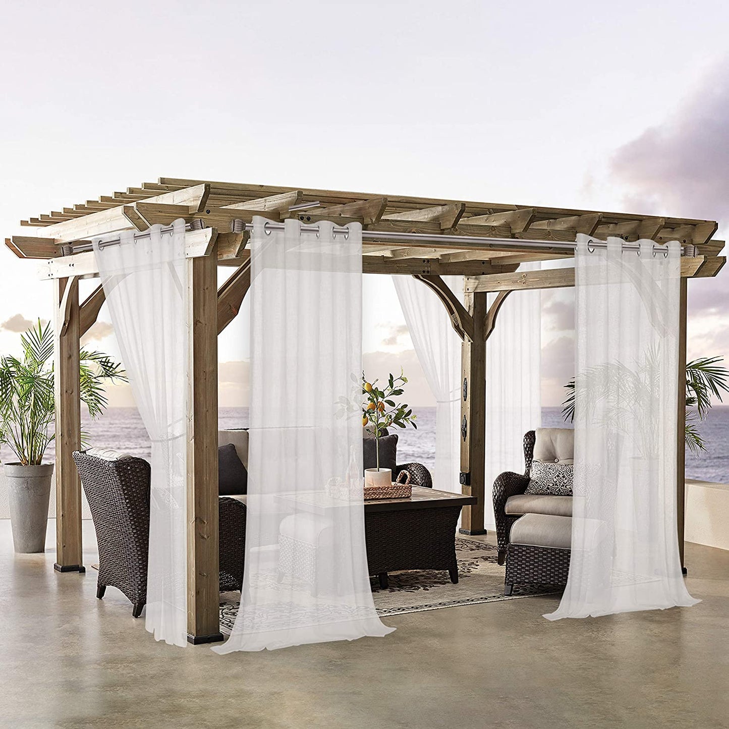 Burlap Linen Look Outdoor Curtains for Patio - 2 Panels Waterproof Sheer Curtains for Pergola, Porch, Cabana and Gazebo Grommet Indoor/Outdoor Voile Sheer Drapes (52 X 120 Inch, Ivory)