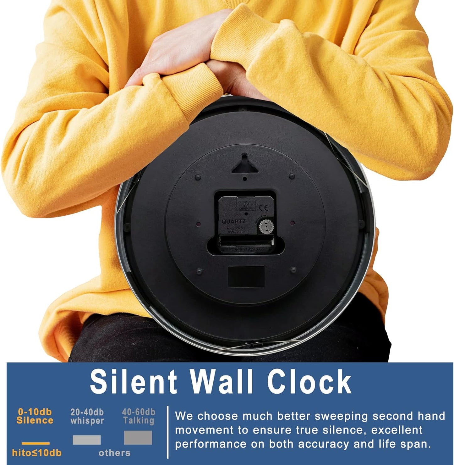 10 Inch Silent Wall Clock Battery Operated Non Ticking Glass Cover Silver Aluminum Frame, for Kitchen, Bedroom, Home Office, Living Room Decor (Black)