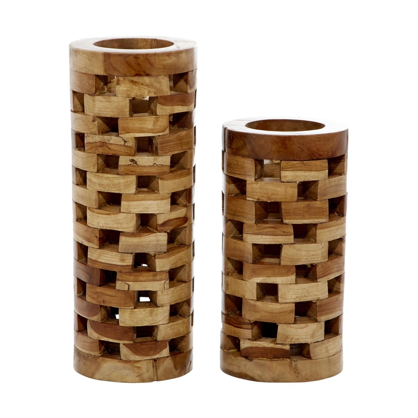 16", 12"H Handmade Brown Teak Wood Vase with Cut Out Patterns, Set of 2
