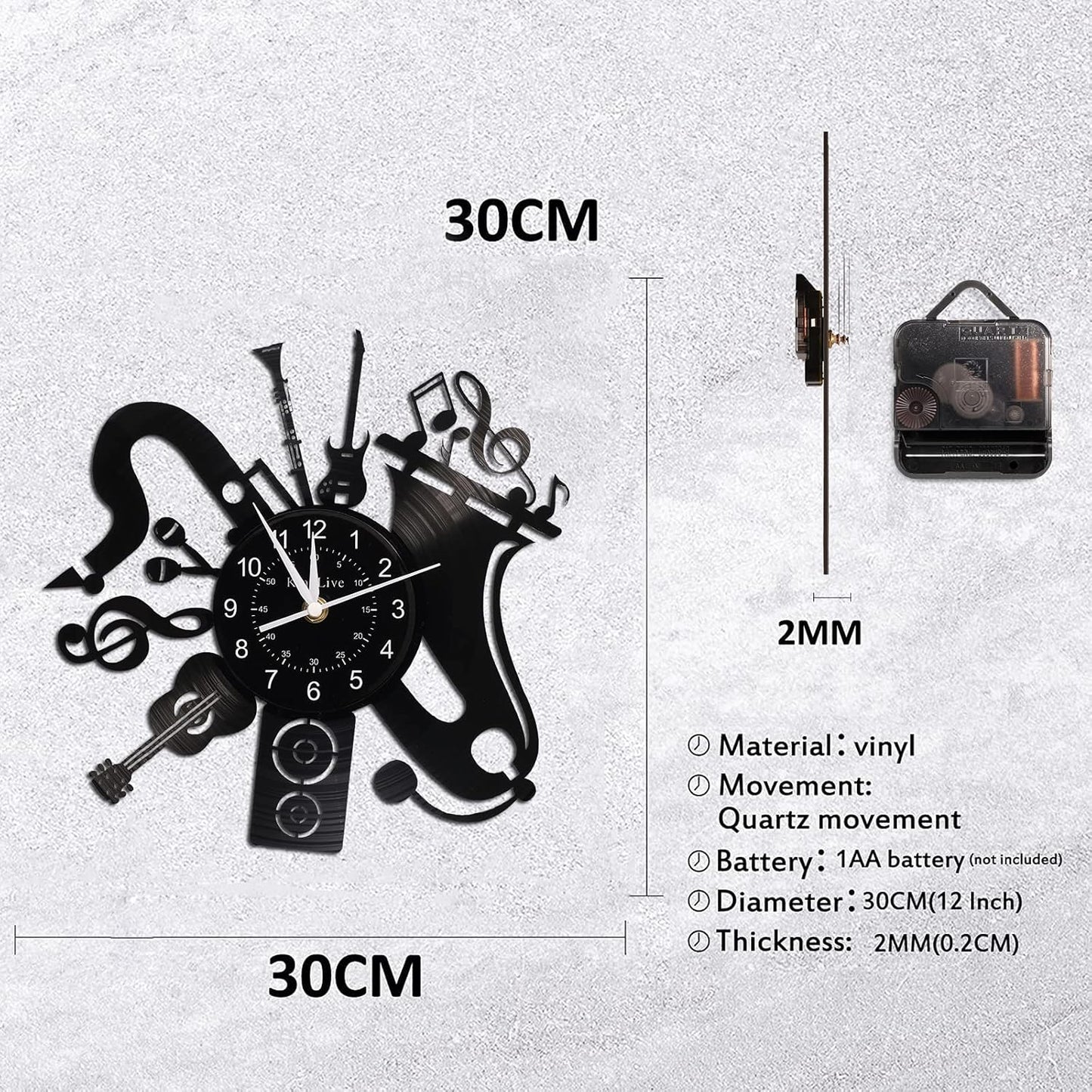 Music Vinyl Record Wall Clock, Music Room Decoration, Music Theme Wall Clock. (Music B)