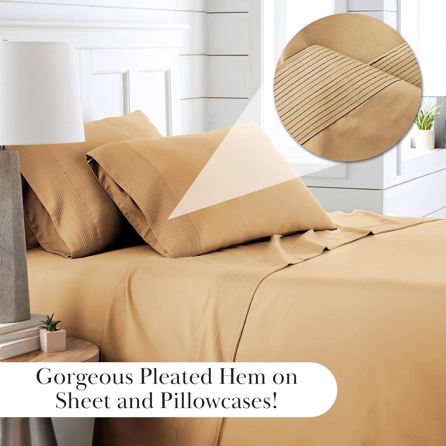 5-Piece Split King Sheet Set, 21-Inch Extra Deep Pocket Split King Adjustable Bed Sheets, with 2 Fitted Sheets, 1 Flat Sheet, and 2 King Pillowcases, Gold Sheets