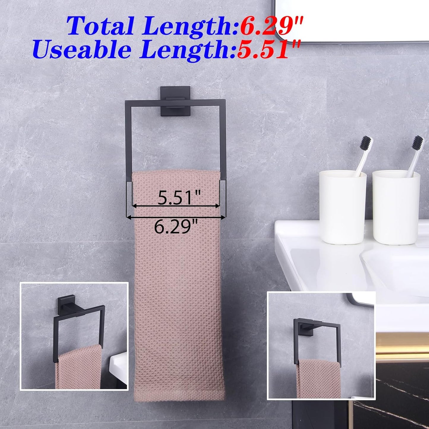 Modern Black Towel Holder SUS304 Stainless Steel Towel Hanger Towel Ring for Bathroom Lavatory Wall Mount Contemporary Style JG1906-BK