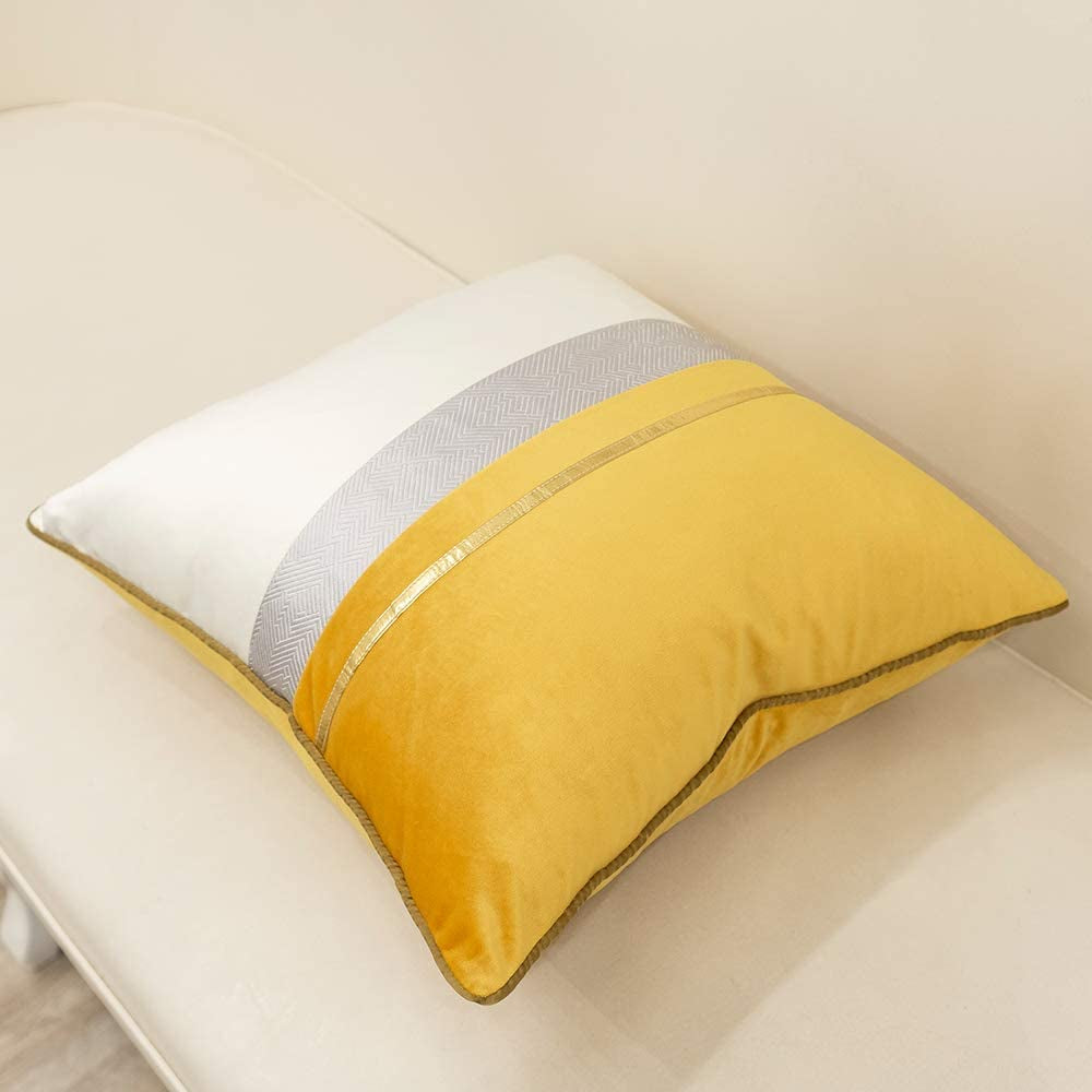 22 X 22 Inches Yellow White Gold Leather Striped Patchwork Velvet Cushion Case Luxury Modern Throw Pillow Cover Decorative Pillow for Couch Living Room Bedroom Car