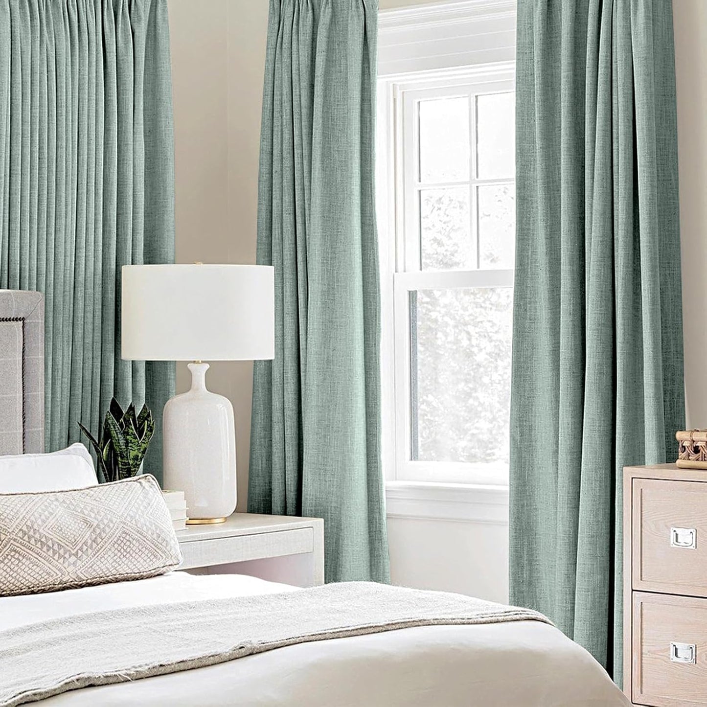 Linen Texture 90 Inches Curtains for Bedroom 100% Blackout Thermal Insulated Seafoam Green Curtains Grommet Room Darkening Drapes for Living Room Nursery 52X90 Inch (2 Panels)