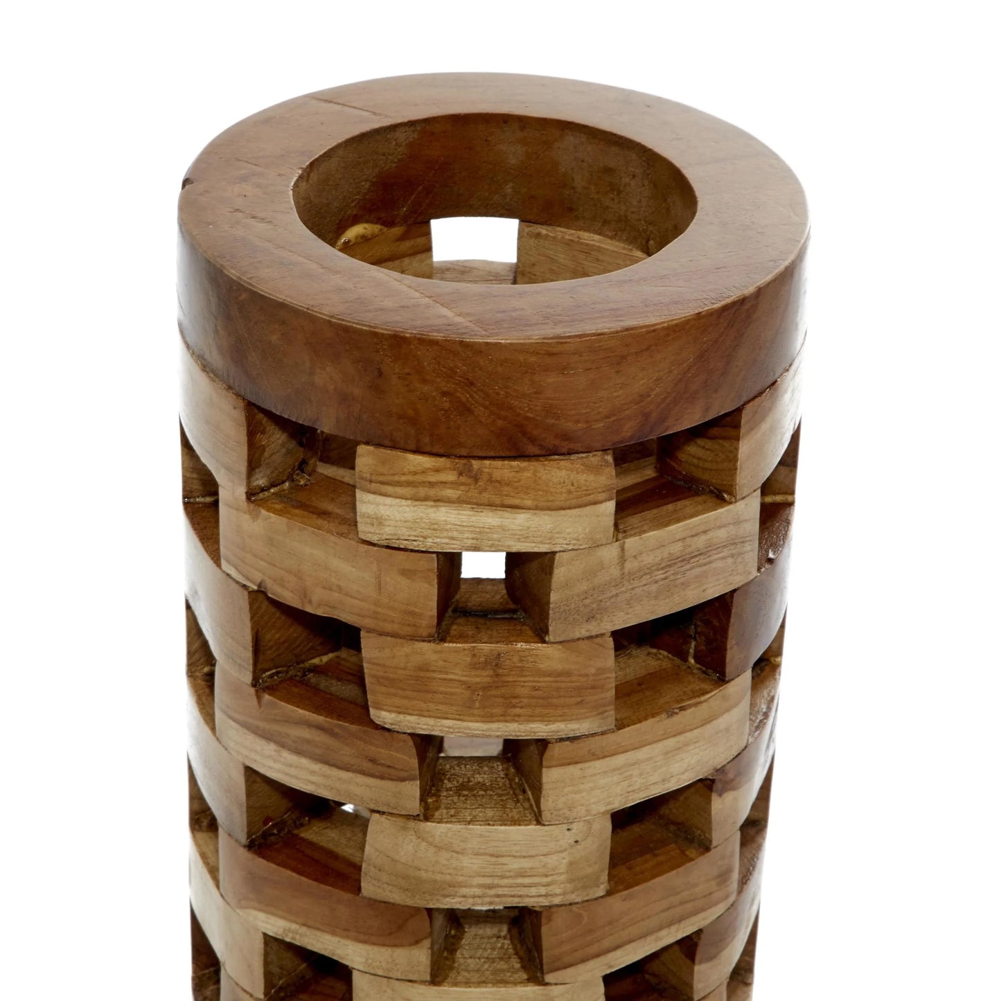 16", 12"H Handmade Brown Teak Wood Vase with Cut Out Patterns, Set of 2