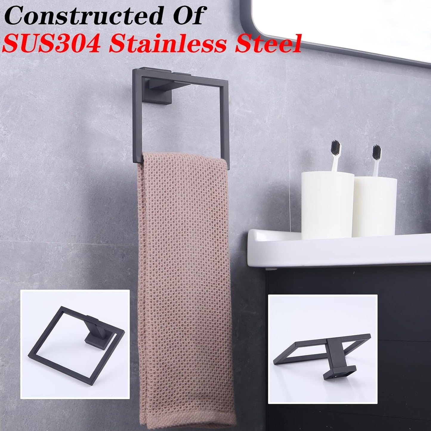 Modern Black Towel Holder SUS304 Stainless Steel Towel Hanger Towel Ring for Bathroom Lavatory Wall Mount Contemporary Style JG1906-BK