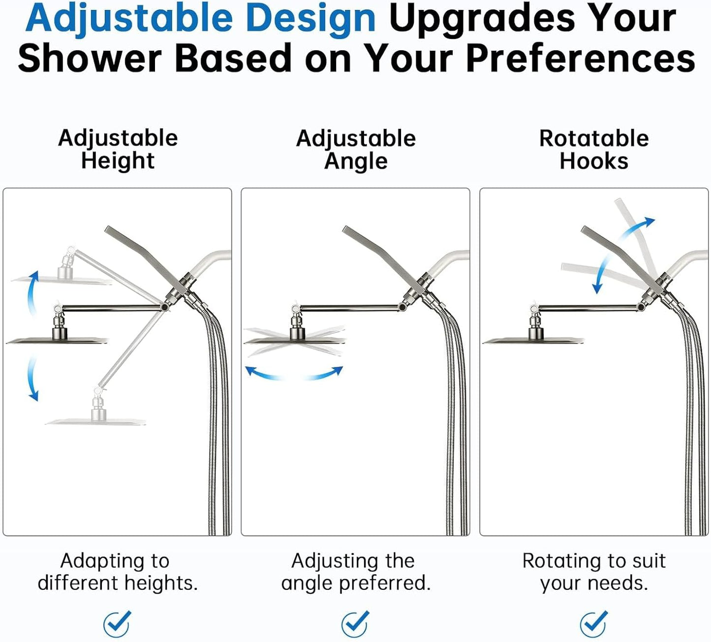 All Metal 8 Inch Dual Square Shower Head with Handheld Spray Combo, Rain Shower Head, Adjustable Extension Arm, 3-Way Diverter, 71 Inch Extra Long Hose - a Bathroom Upgrade (Brushed Nickel)