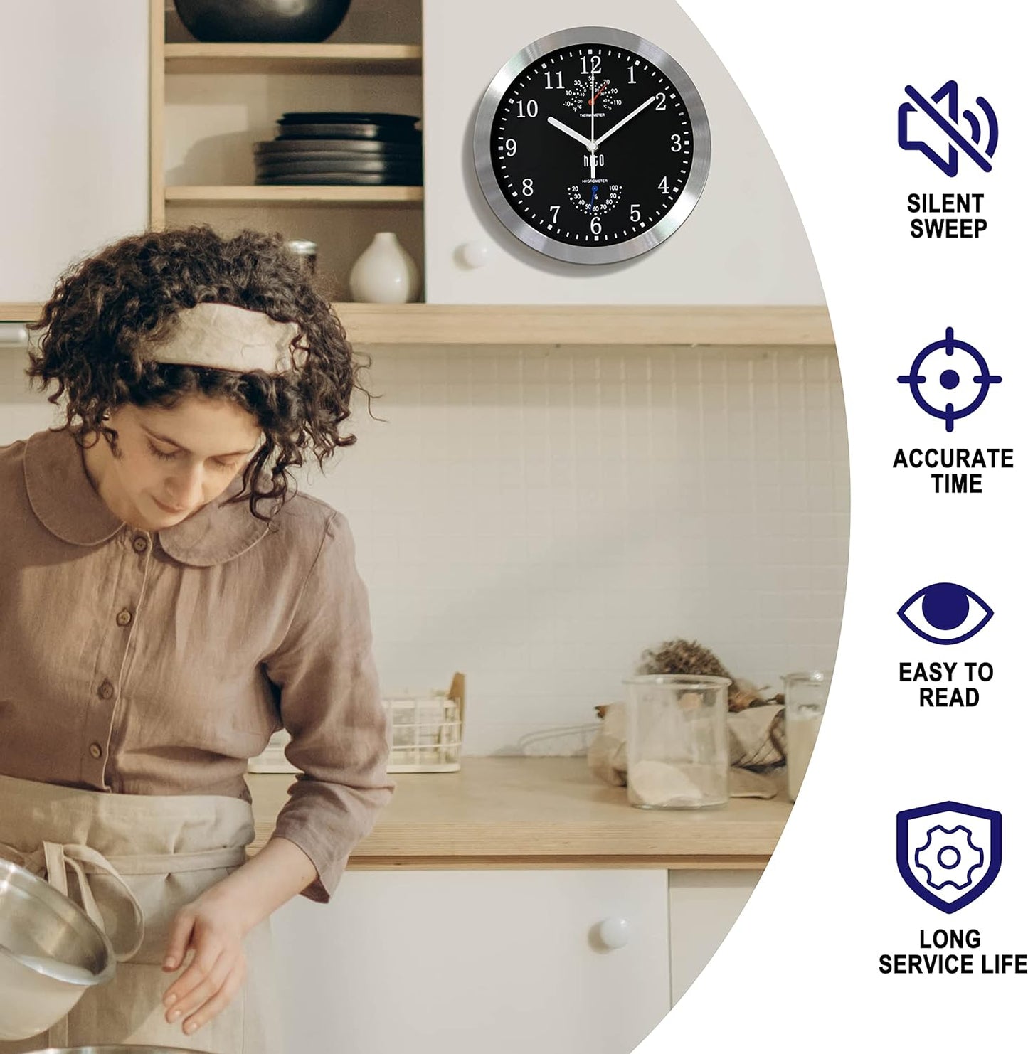 10 Inch Silent Wall Clock Battery Operated Non Ticking Glass Cover Silver Aluminum Frame, for Kitchen, Bedroom, Home Office, Living Room Decor (Black)