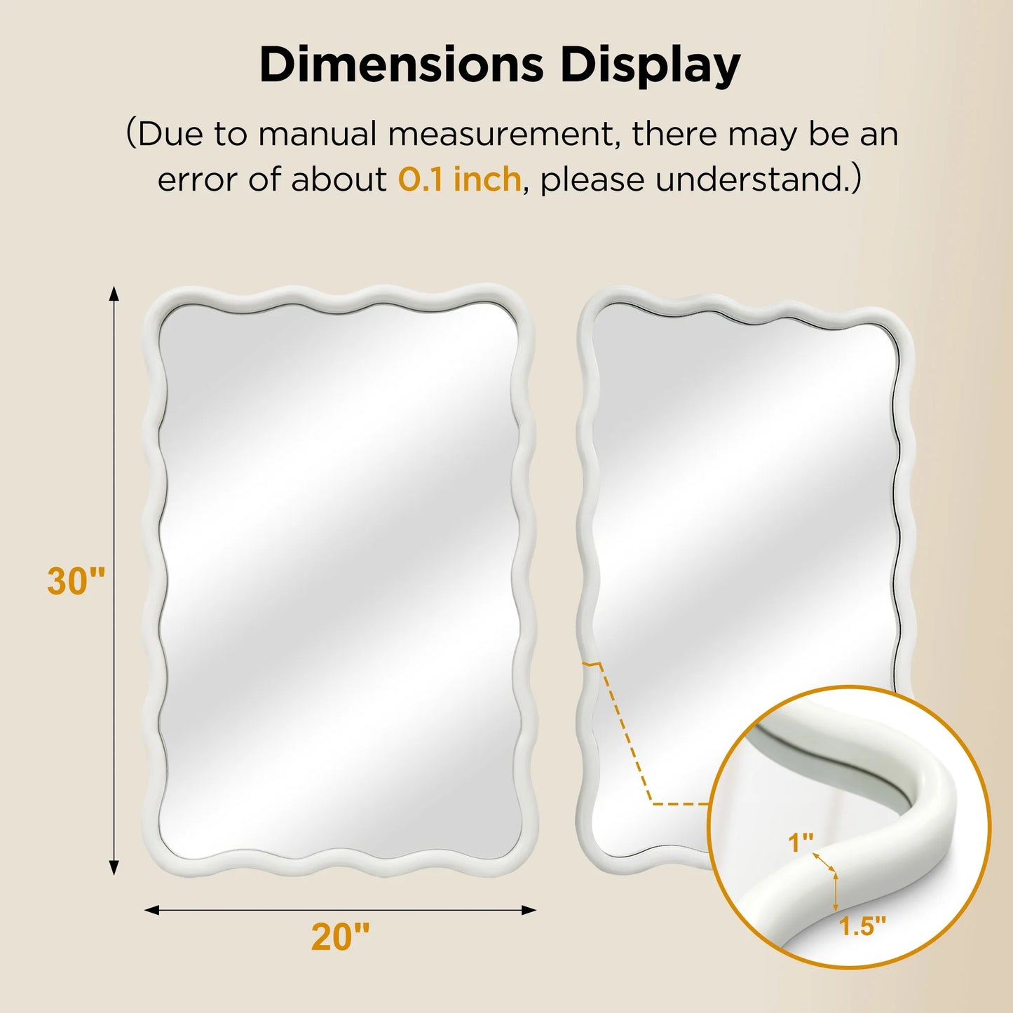 Wavy Mirrors Wall Mirror, 30"X20" Bathroom Mirror Wood Framed, White