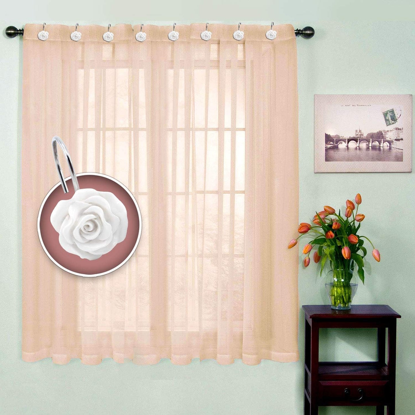 Shower Curtain Hooks, Home Decorative Rustproof Shower Curtain Hooks Resin Rose Flower Shower Hooks Rings for Bathroom Shower Rods Curtains,Set of 12 Hooks (White)