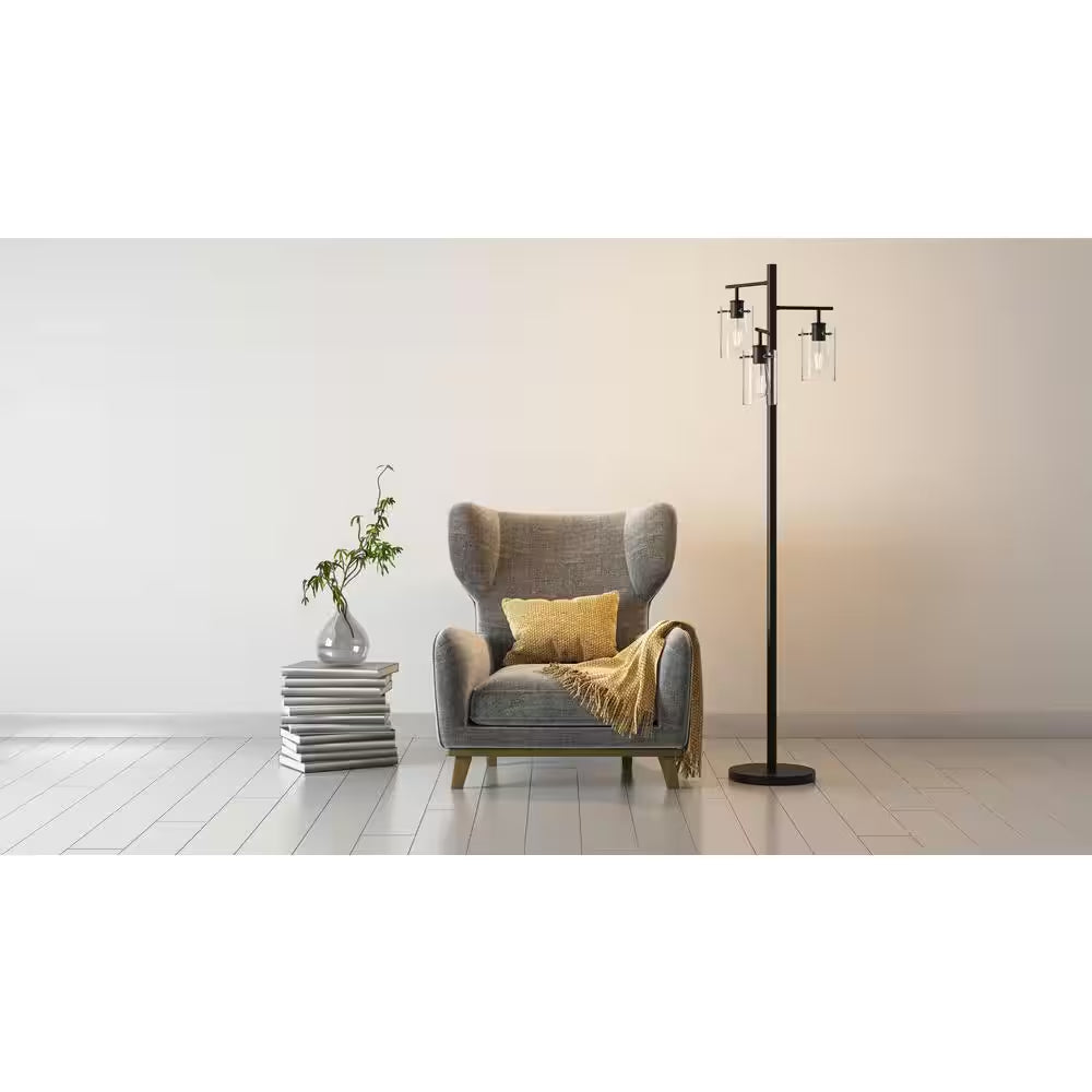 Regan 63 In. Matte Black Floor Lamp with Clear Glass Shades