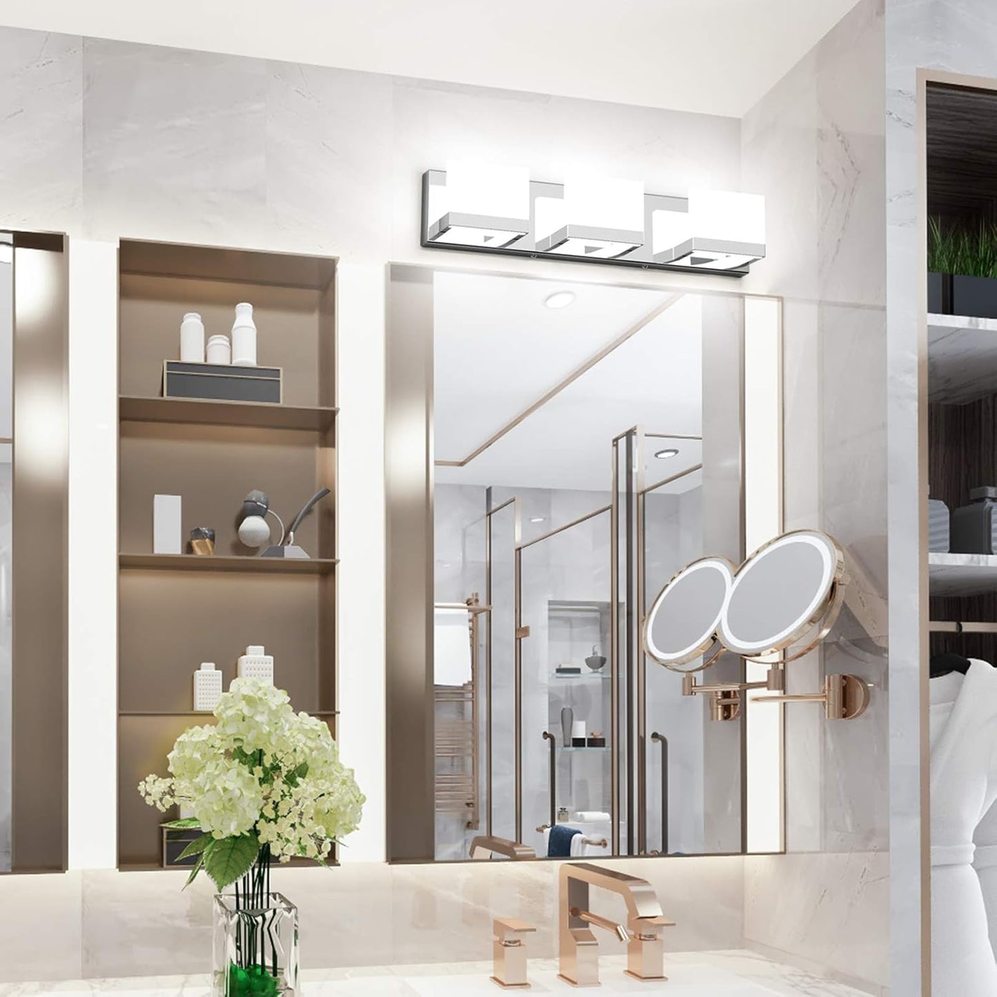 Modern 3 Lights LED Vanity Light for Bathroom up and down Chrome Bathroom Wall Light Fixtures over Mirror(White Light 6000K)